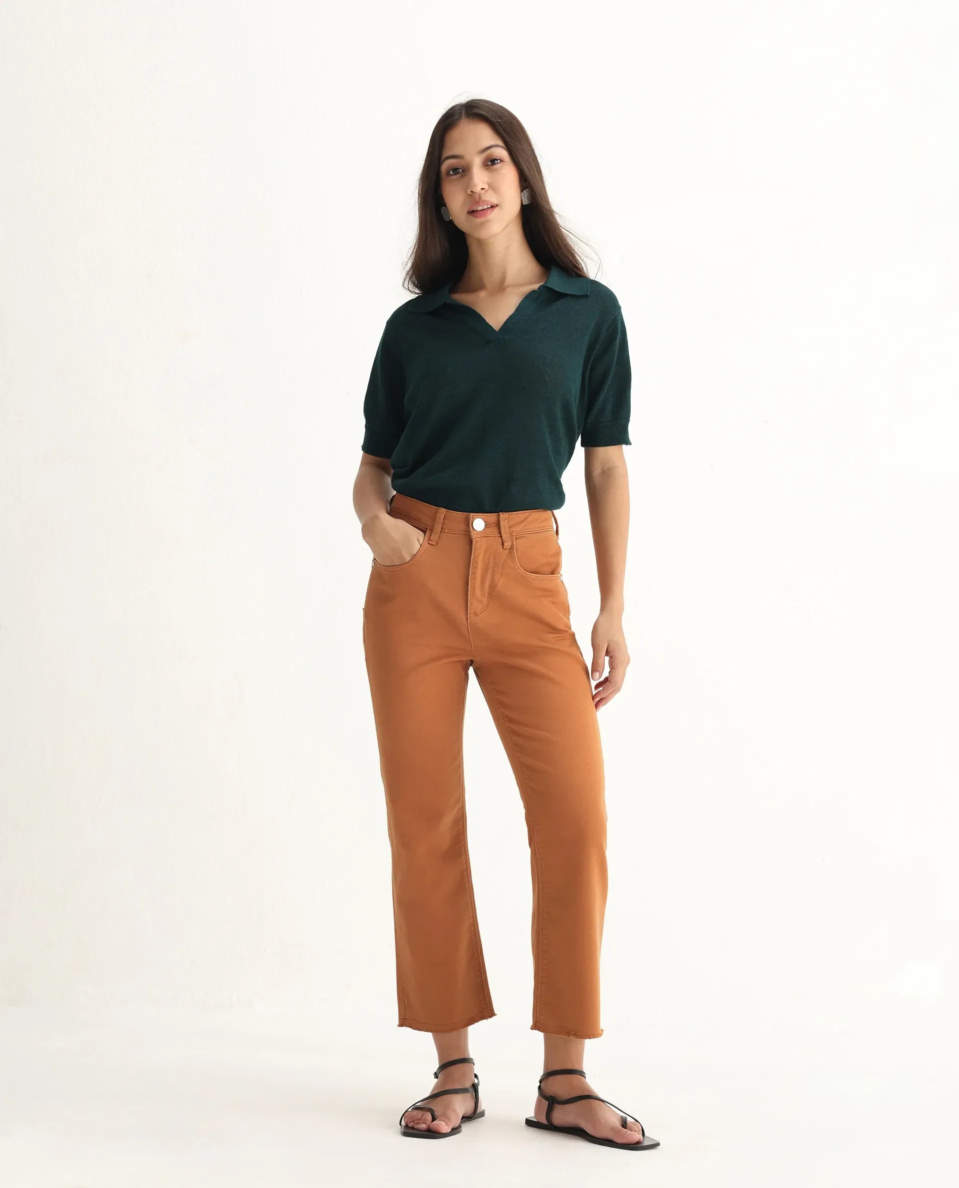 Rareism Women's Admiral Rust Cotton Blend Plain Ankle Length Regular Fit Jeans