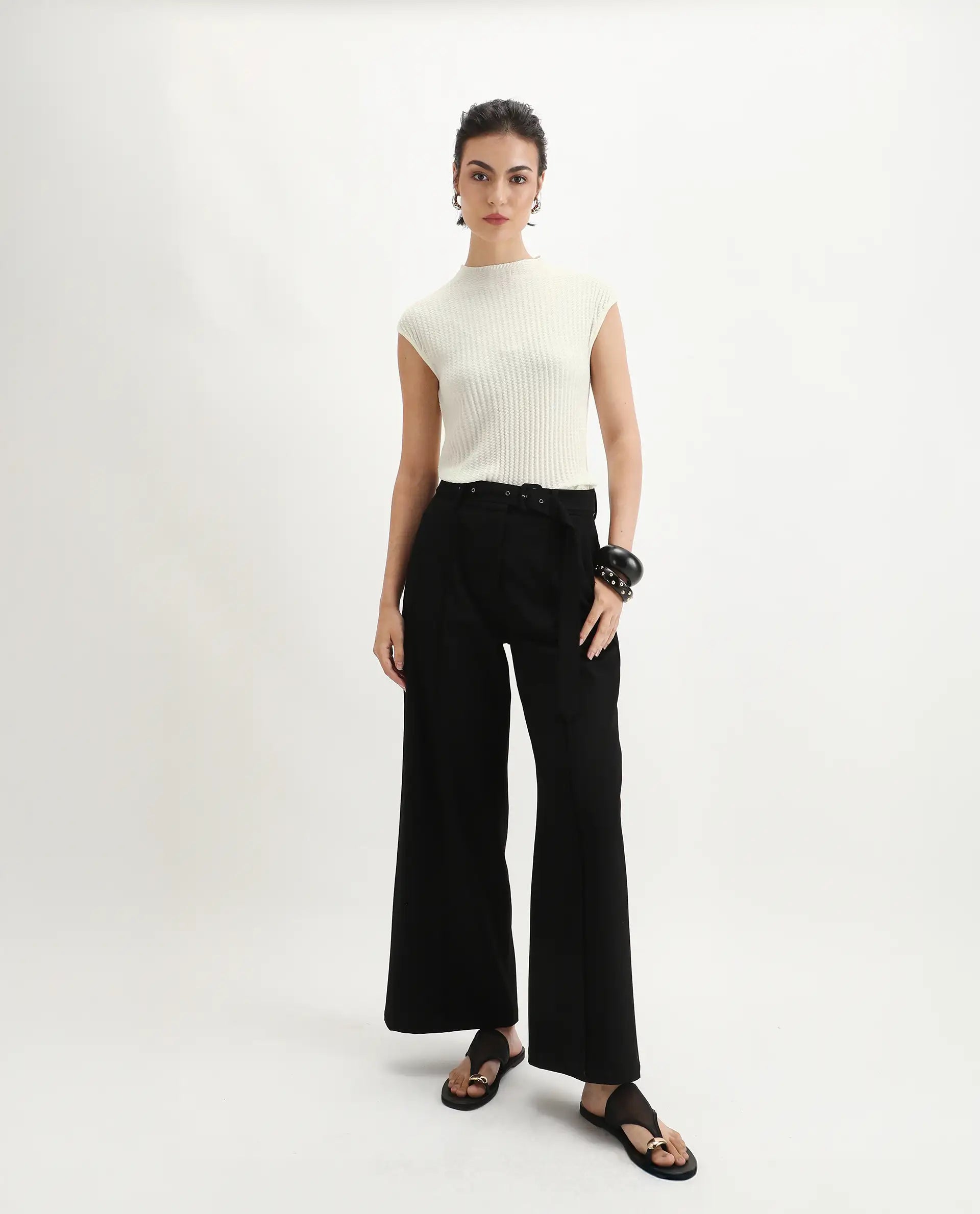 Rareism Women's Afmat Off White Acrylic High Neck Plain Sleeveless Regular Fit Top