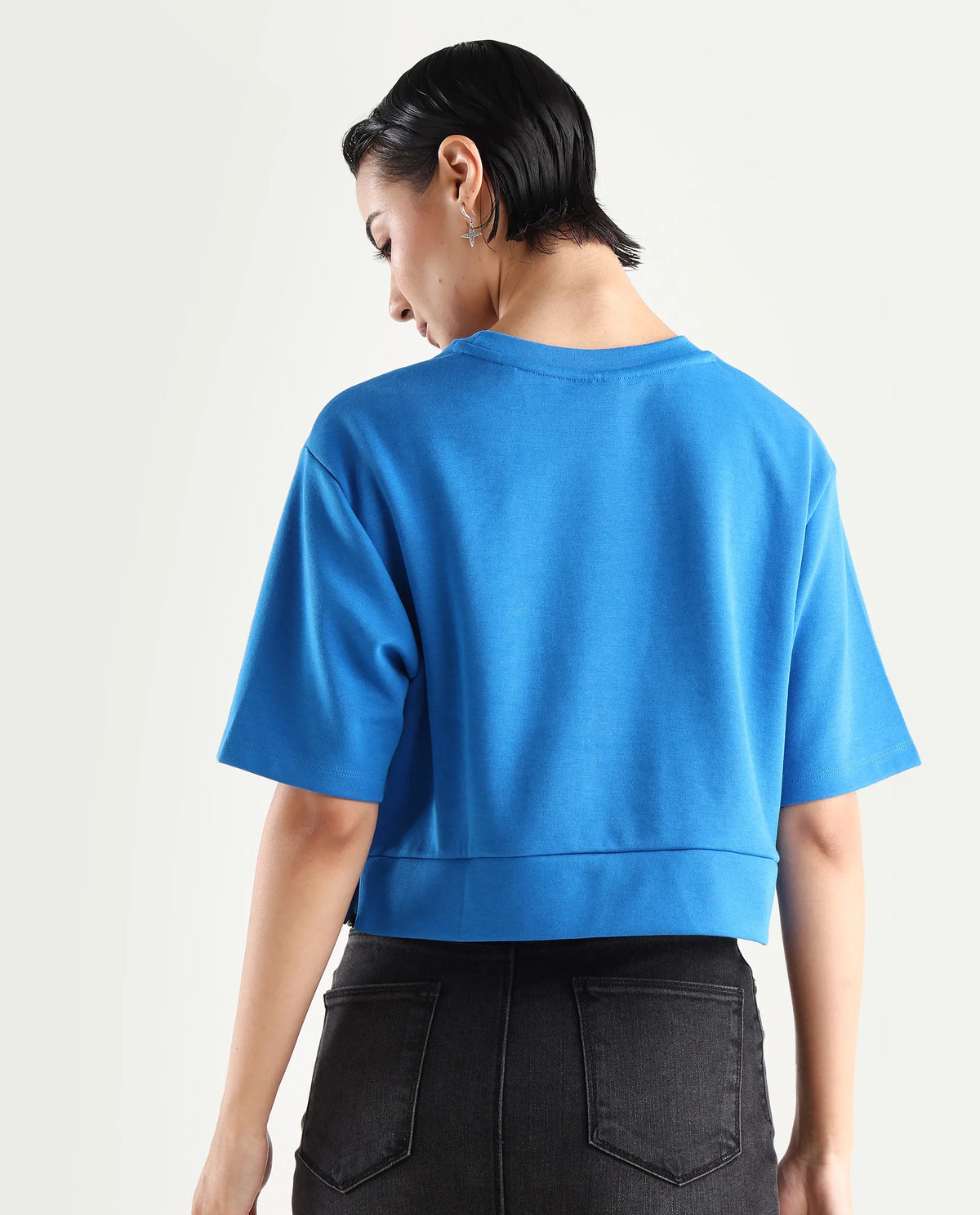 Rareism Women's Afrib Blue Cotton Blend Crew Neck Plain Crop Regular Fit T-Shirt