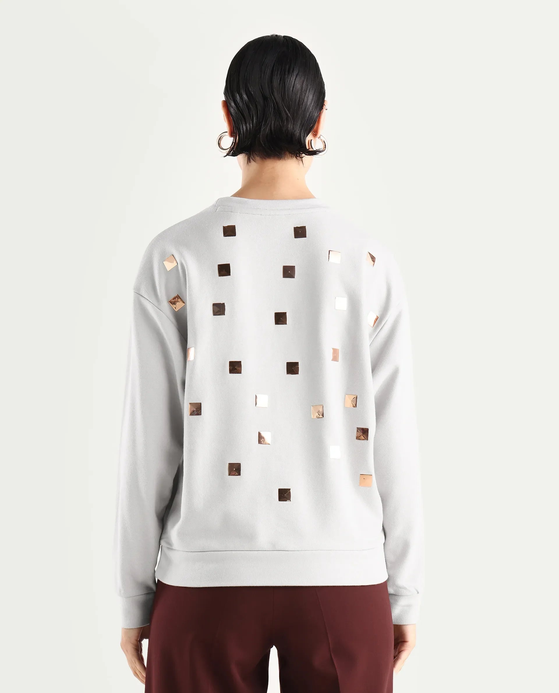 Rareism Women's Aimee Light Grey Cotton Crew Neck Plain Boxy Fit Sweatshirt