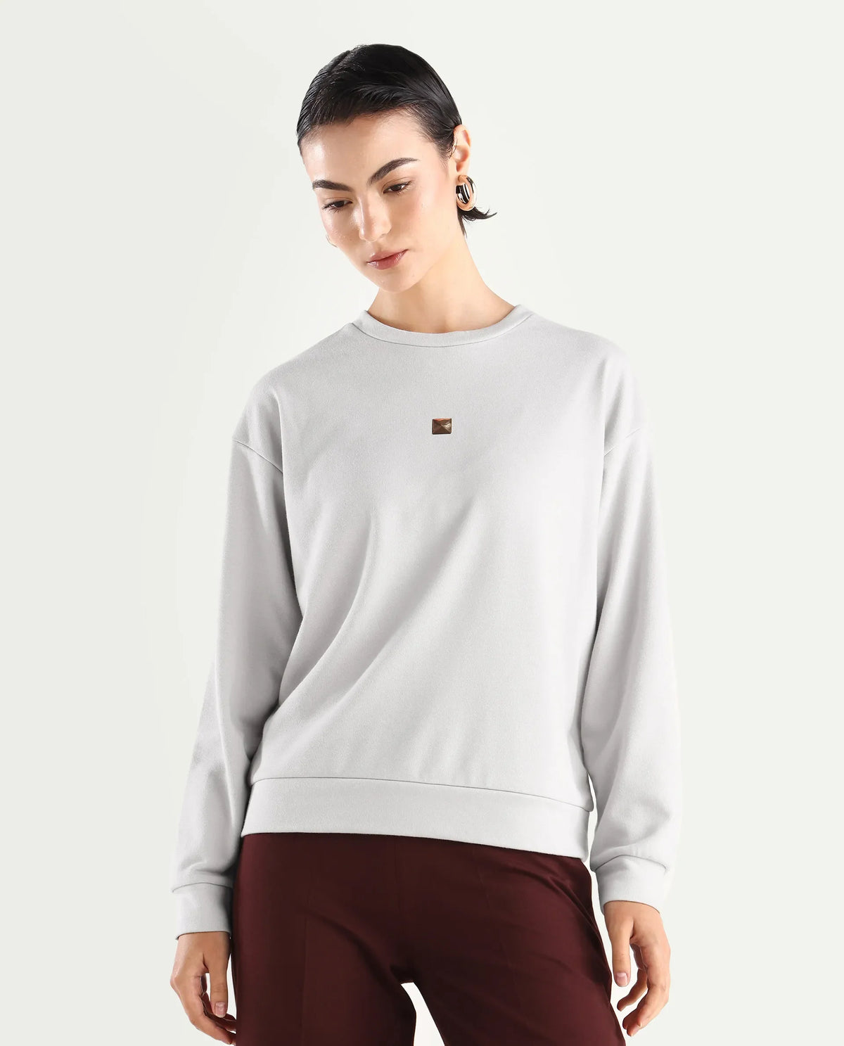 Rareism Women's Aimee Light Grey Cotton Crew Neck Plain Boxy Fit Sweatshirt