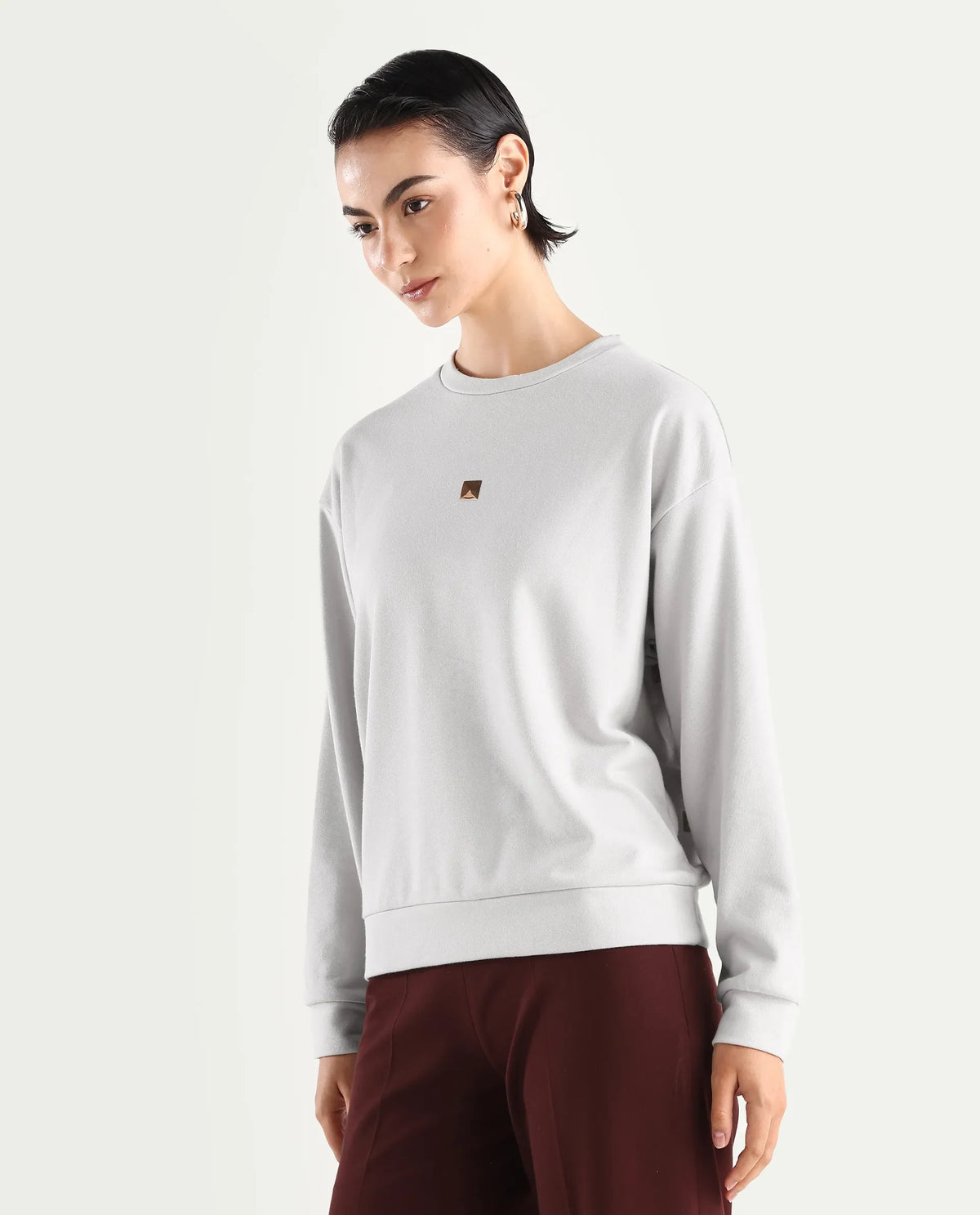 Rareism Women's Aimee Light Grey Cotton Crew Neck Plain Boxy Fit Sweatshirt