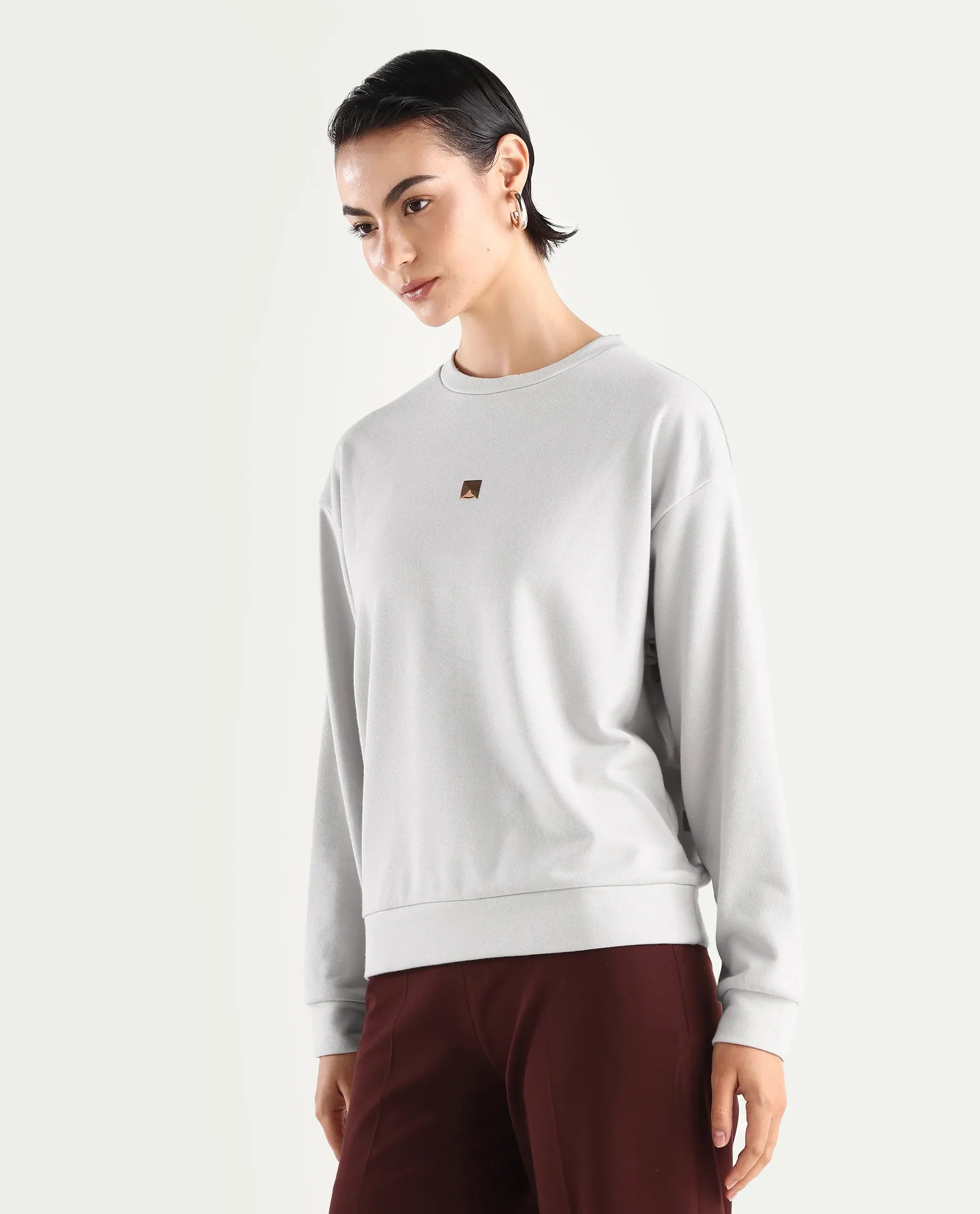 Rareism Women's Aimee Light Grey Cotton Crew Neck Plain Boxy Fit Sweatshirt