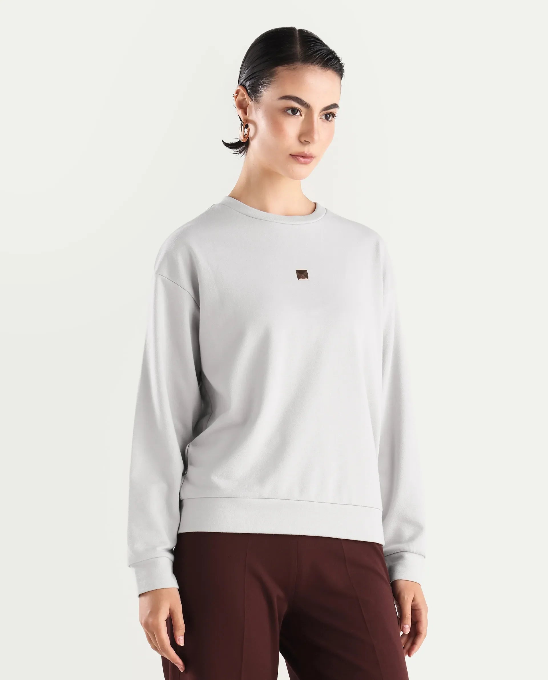 Rareism Women's Aimee Light Grey Polyester Blend Crew Neck Plain Boxy Fit Sweatshirt
