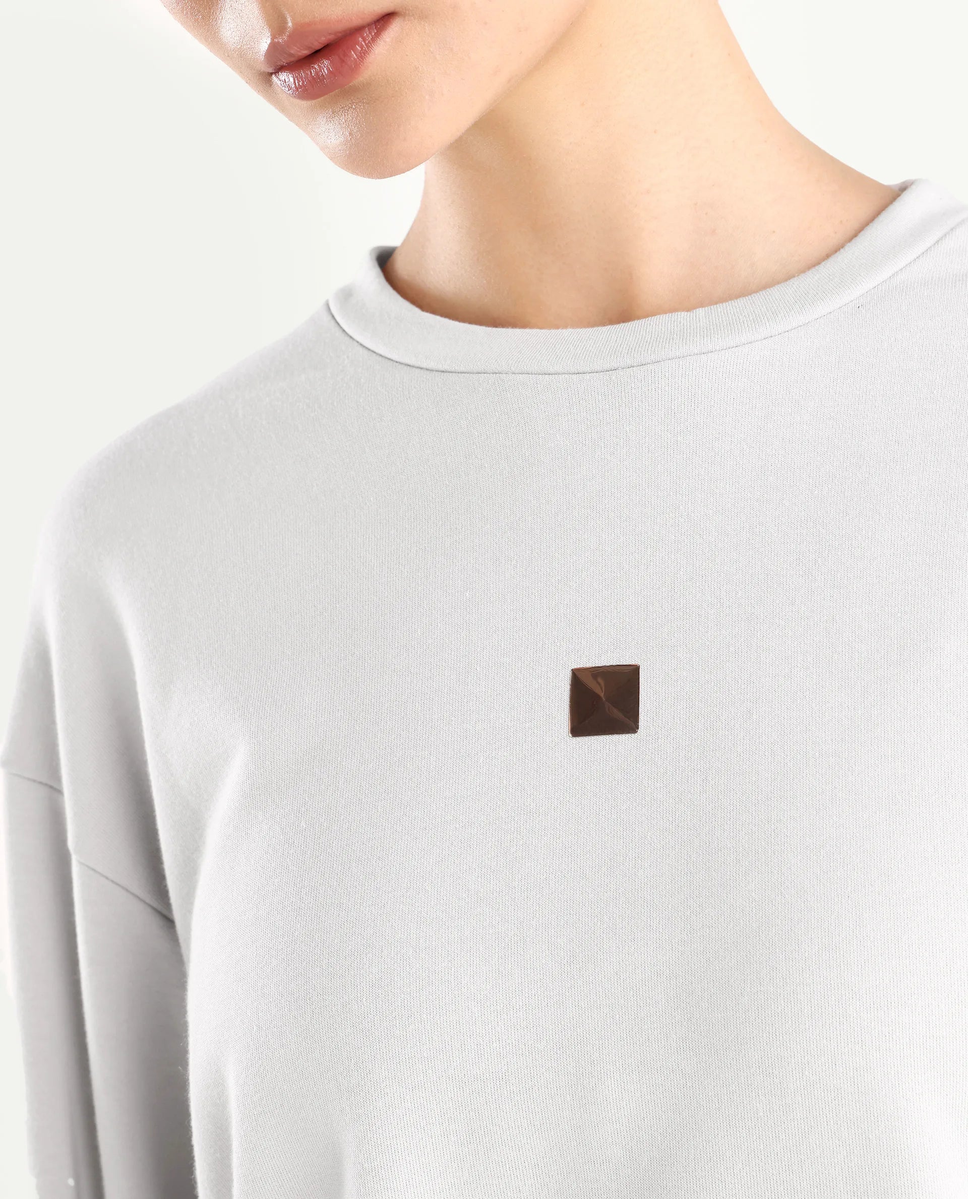 Rareism Women's Aimee Light Grey Cotton Crew Neck Plain Boxy Fit Sweatshirt