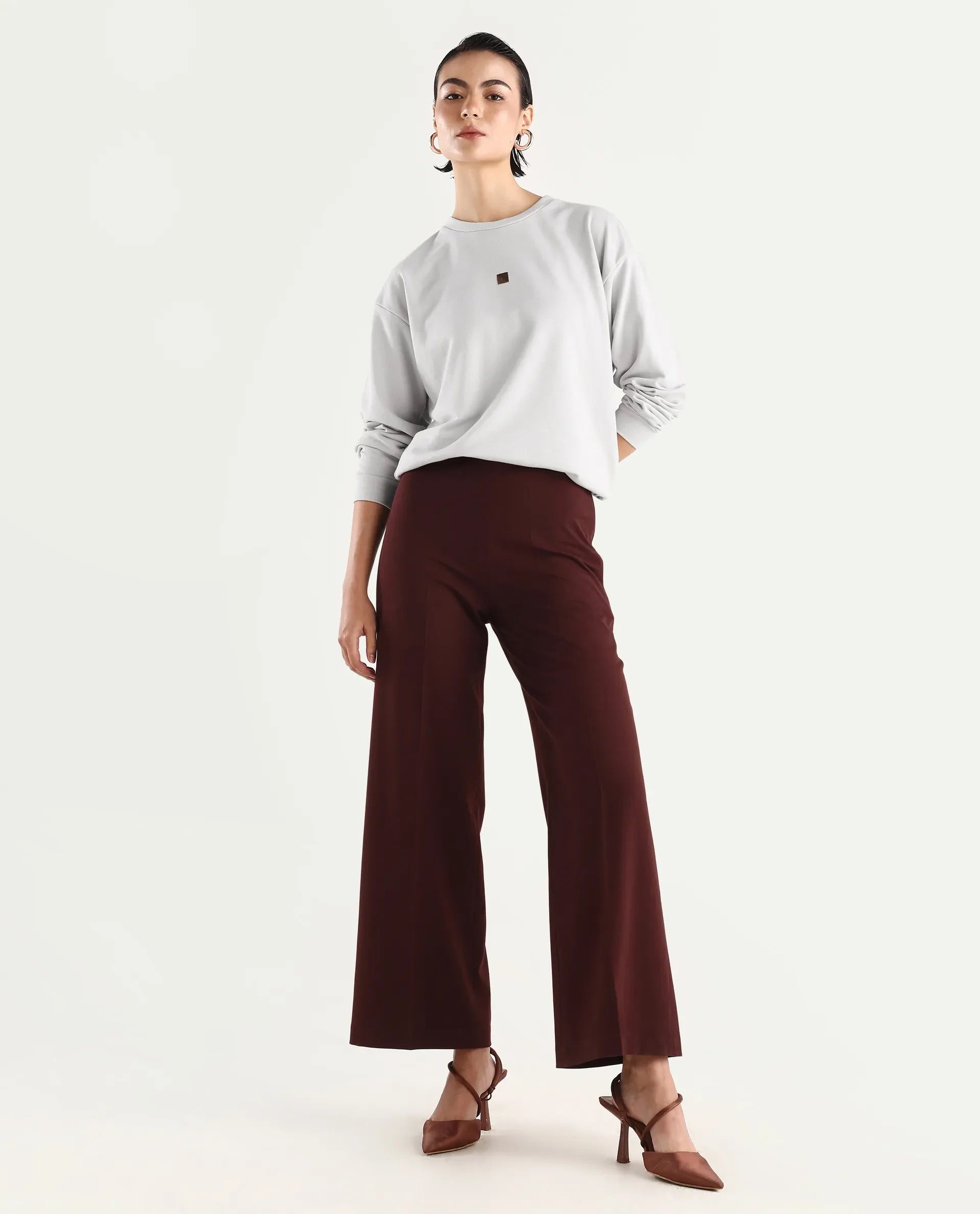 Rareism Women's Aimee Light Grey Polyester Blend Crew Neck Plain Boxy Fit Sweatshirt