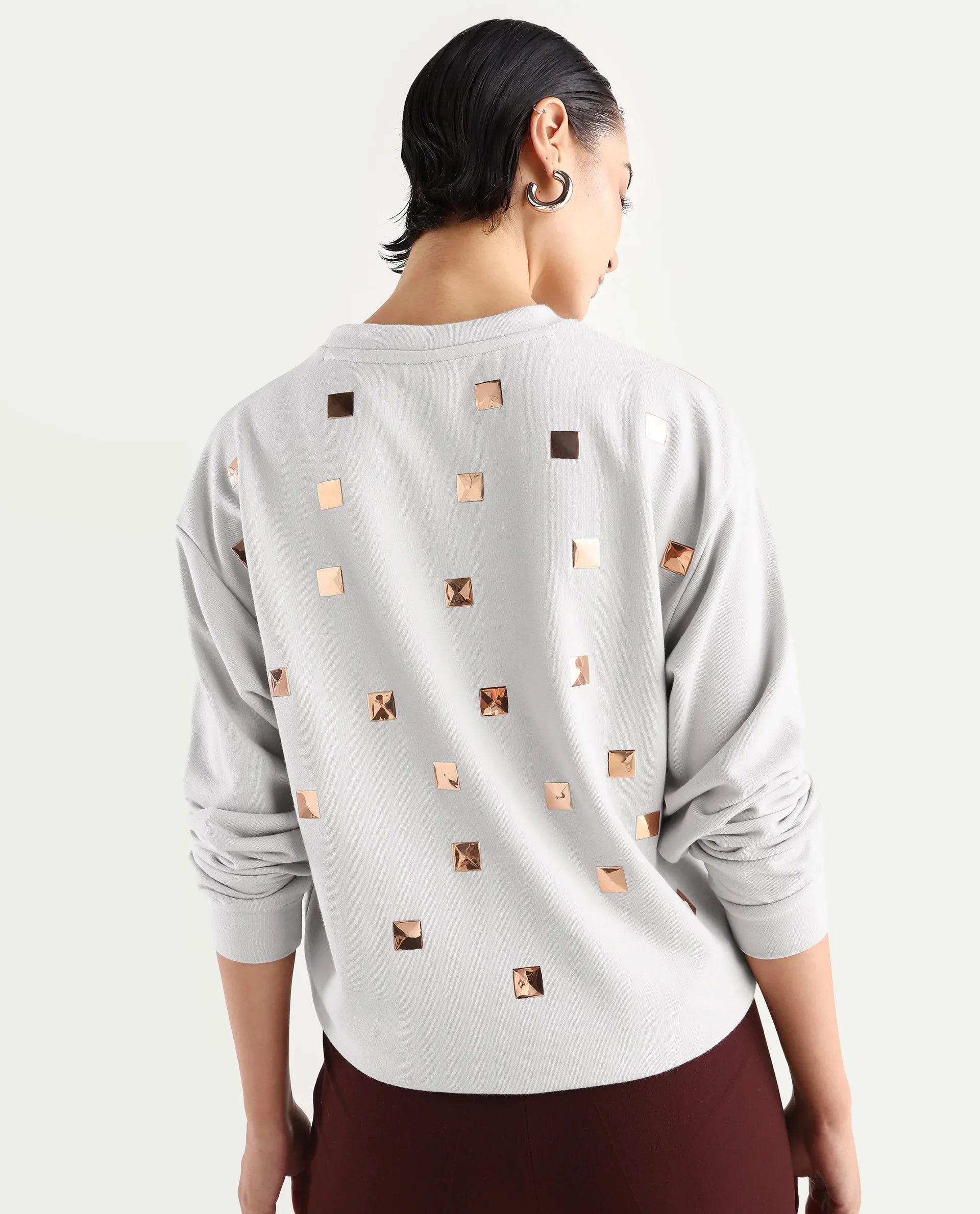 Rareism Women's Aimee Light Grey Cotton Crew Neck Plain Boxy Fit Sweatshirt