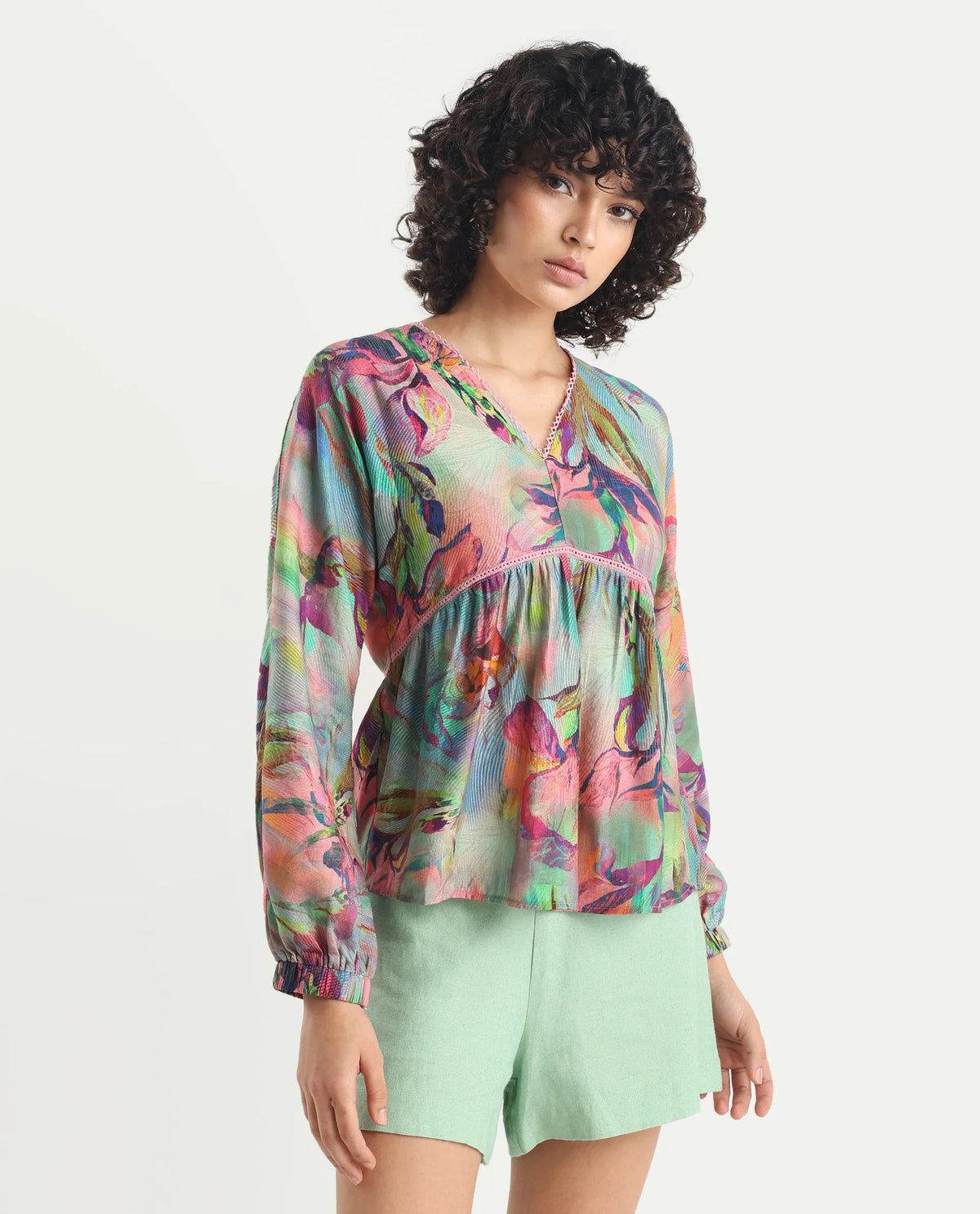 Rareism Women's Ajax Multi Viscose Blend V-Neck Floral Print Bishop Sleeve Regular Fit Top