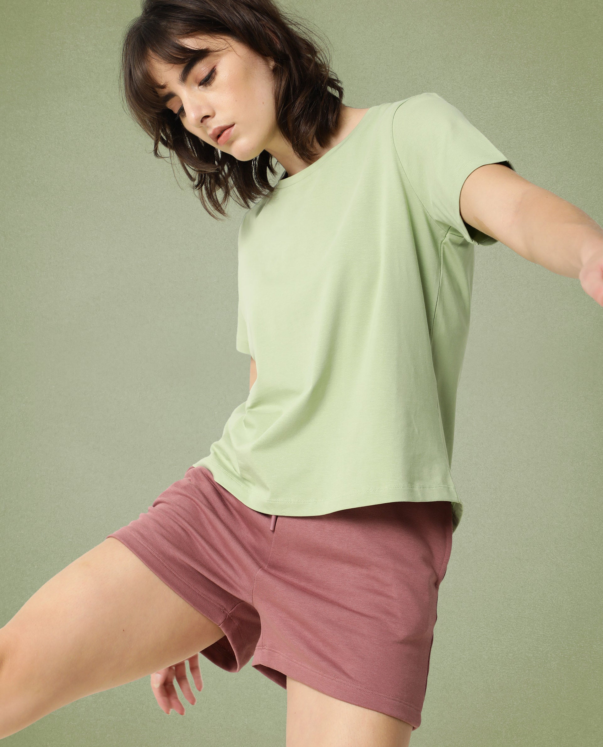 Rareism Women Alcas Light Green Cotton Blend Fabric Regular Fit Half Sleeves Solid Round Neck T-Shirt