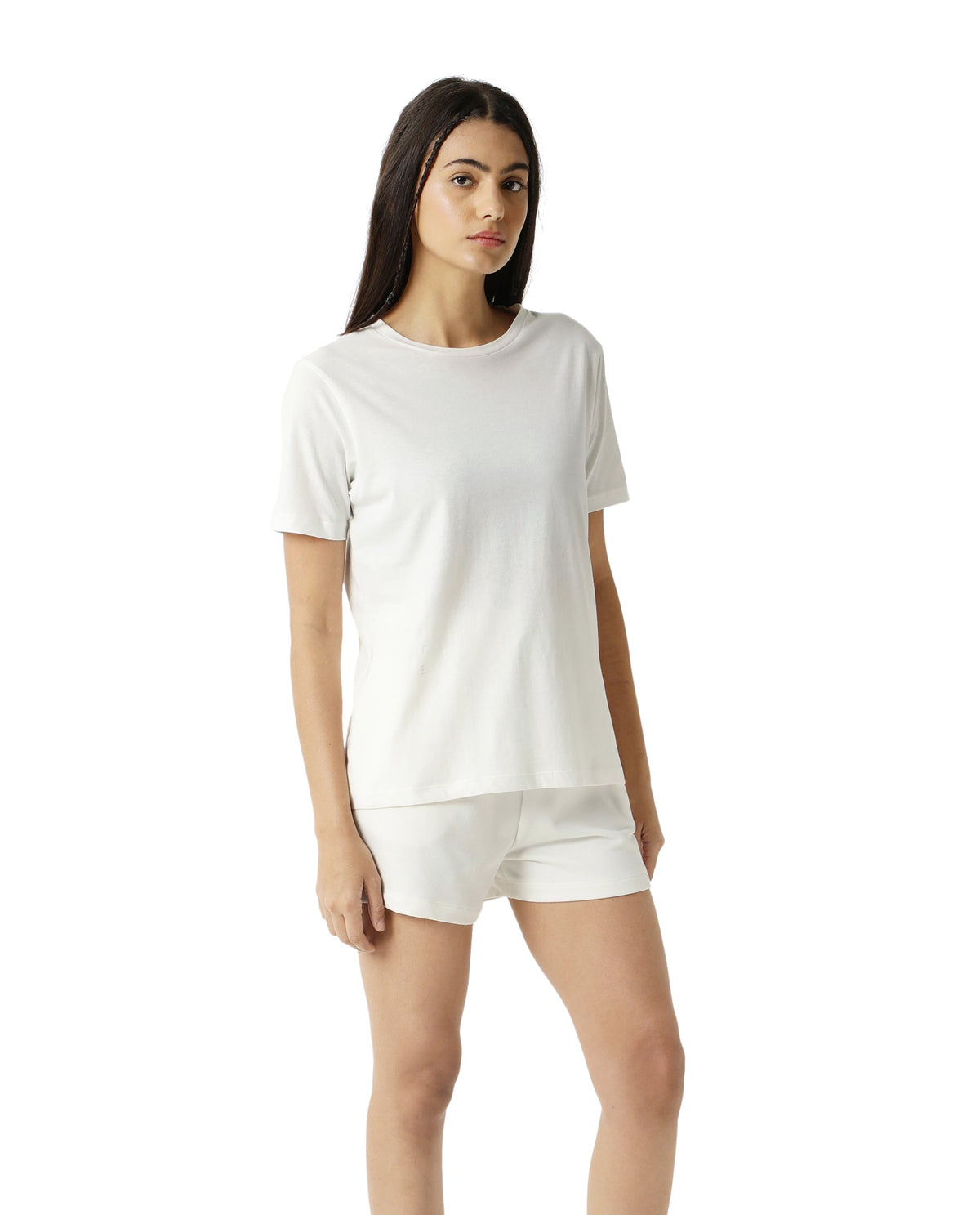 Rareism Women Alcas Off White Cotton Blend Fabric Regular Fit Half Sleeves Solid Round Neck T-Shirt