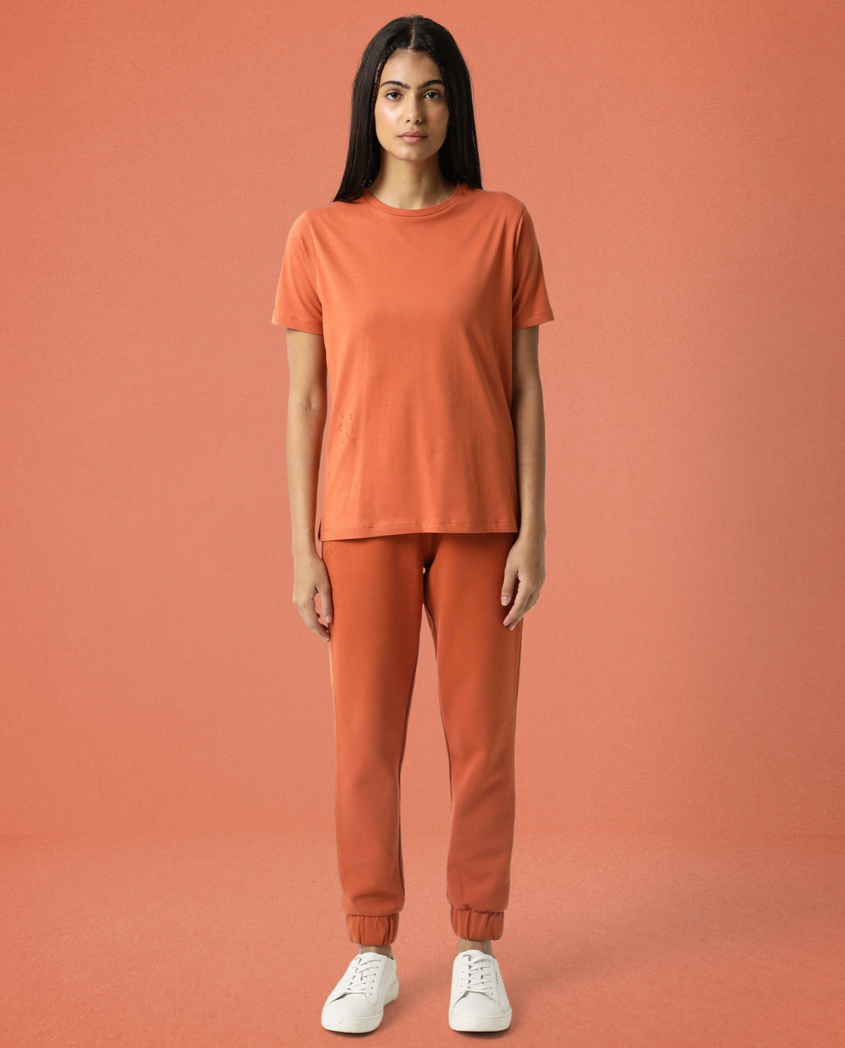 Rareism Women Alcas Orange Cotton Blend Fabric Regular Fit Half Sleeves Solid Round Neck T-Shirt