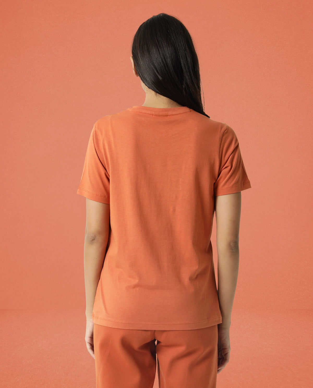 Rareism Women Alcas Orange Cotton Blend Fabric Regular Fit Half Sleeves Solid Round Neck T-Shirt