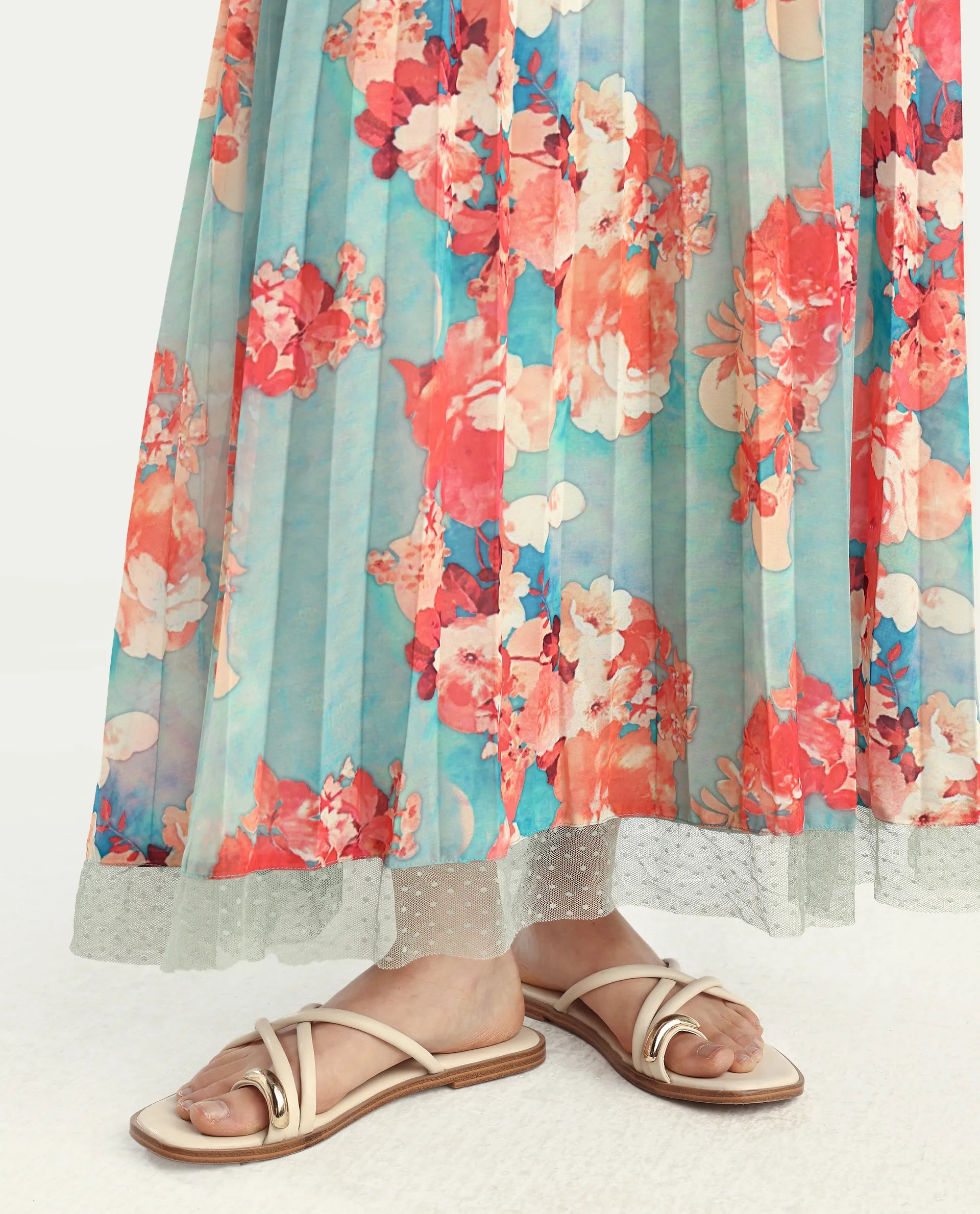 Rareism Women's Alvia Multi Polyester Floral Print Ankle Length Flared Skirt