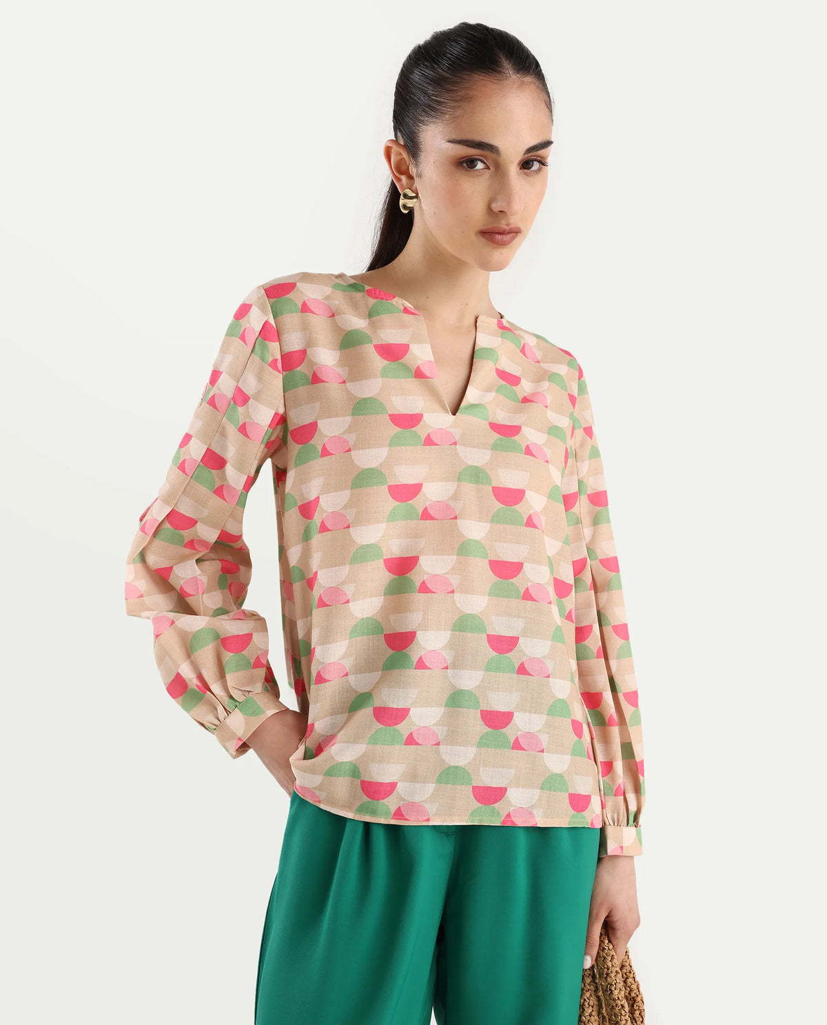 Rareism Women's Amaris Multi Linen V-Neck Geometric Print Bishop Sleeve Regular Fit Top
