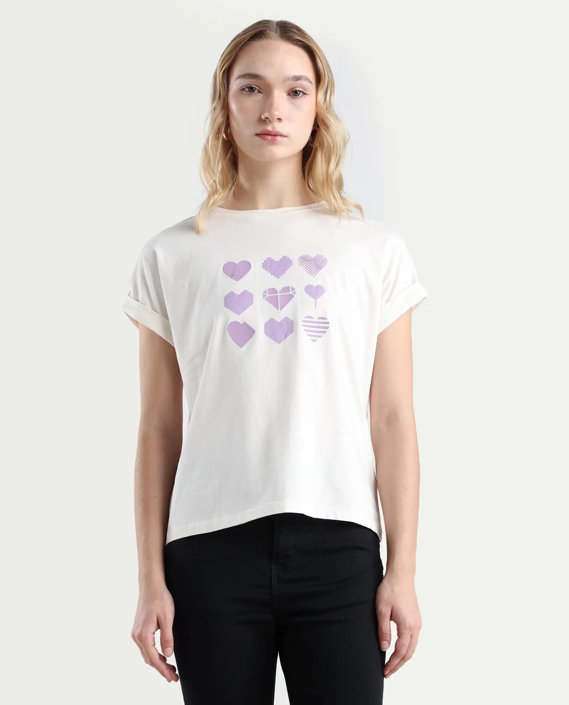 Rareism Women's Antilot Off White Cotton Blend Crew Neck Graphic Print Extended Sleeves Regular Fit T-Shirt