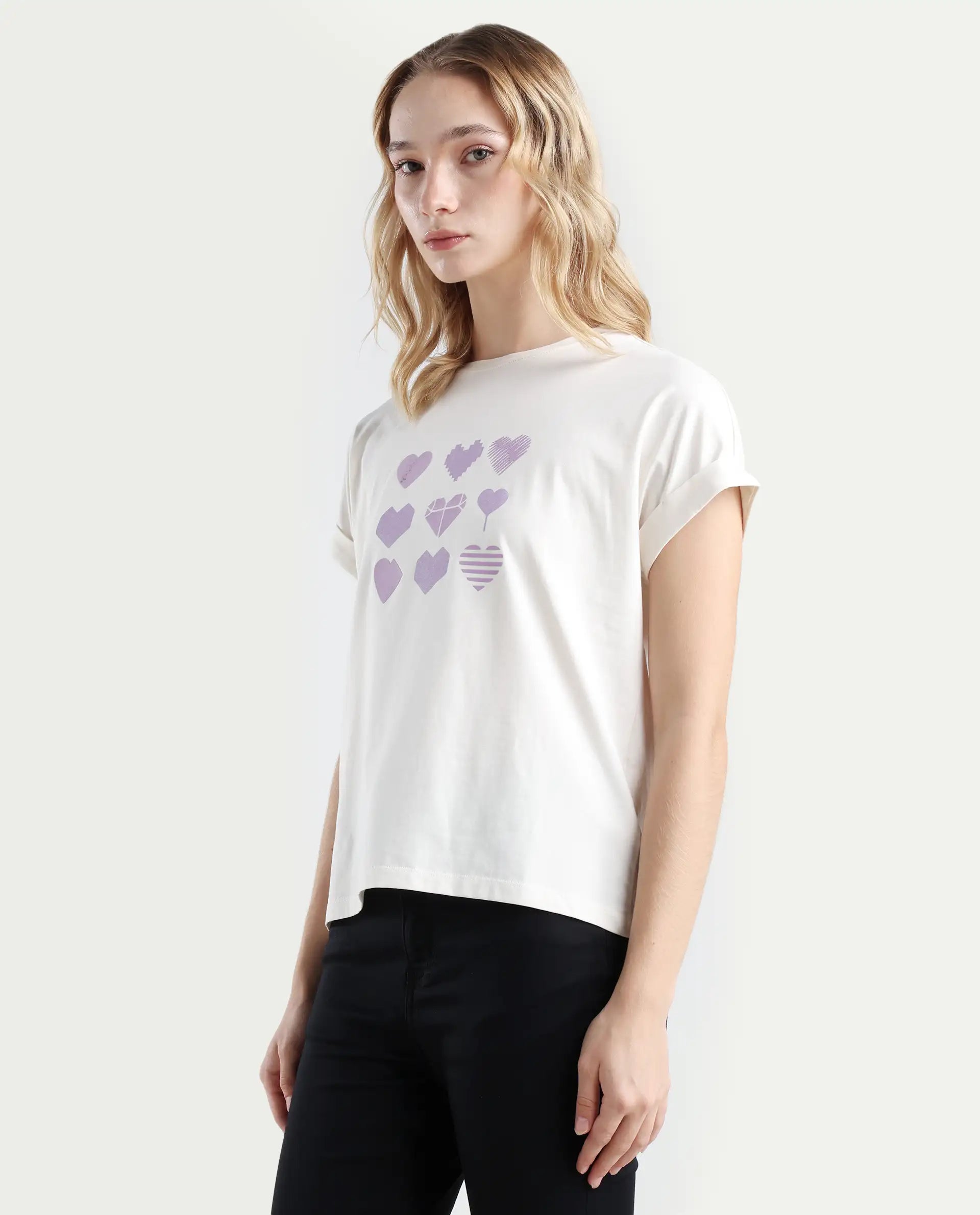 Rareism Women's Antilot Off White Cotton Blend Crew Neck Graphic Print Extended Sleeves Regular Fit T-Shirt