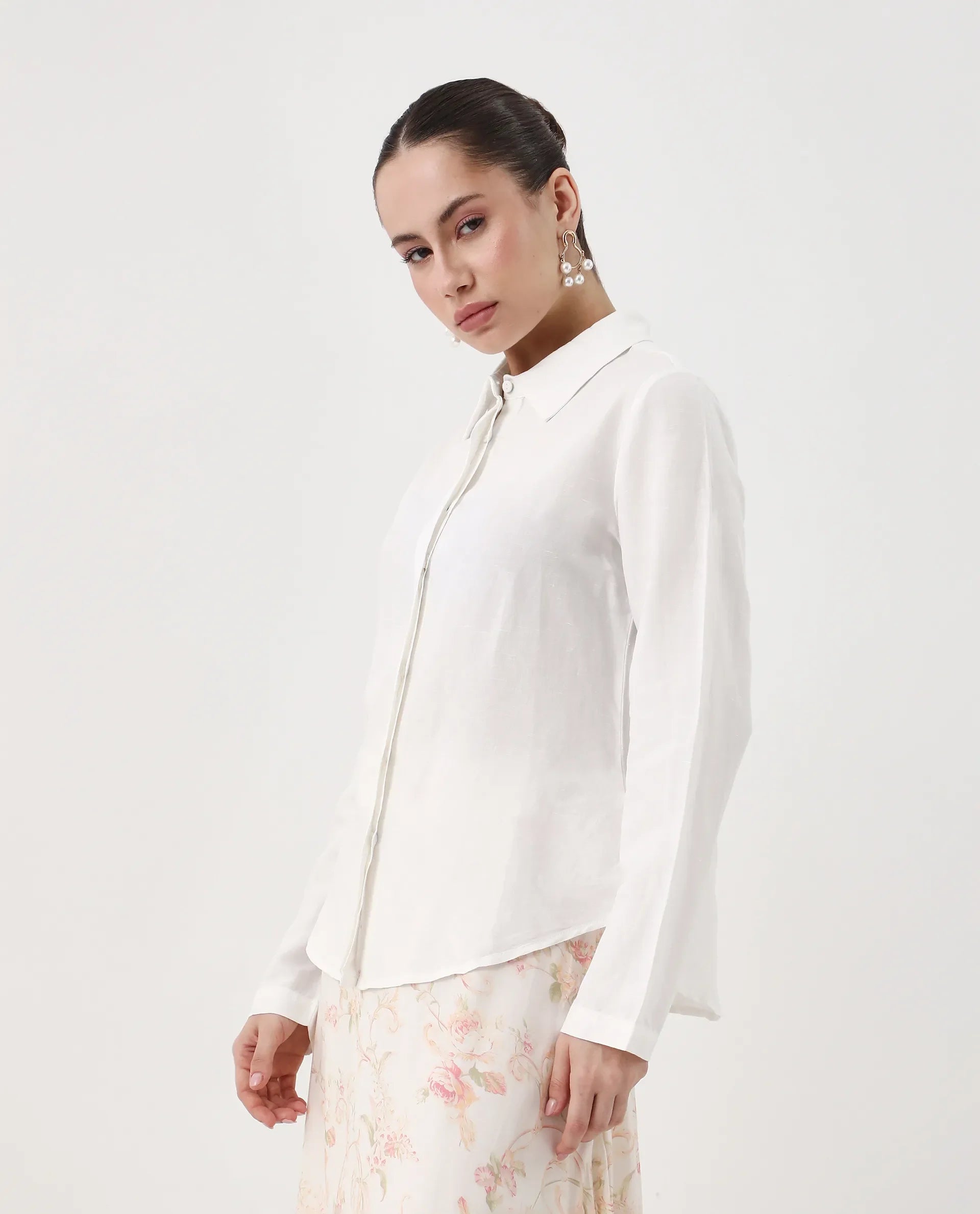 Rareism Women's Appleby White Linen Spread Collar Plain Cuffed Sleeve Regular Fit Shirt