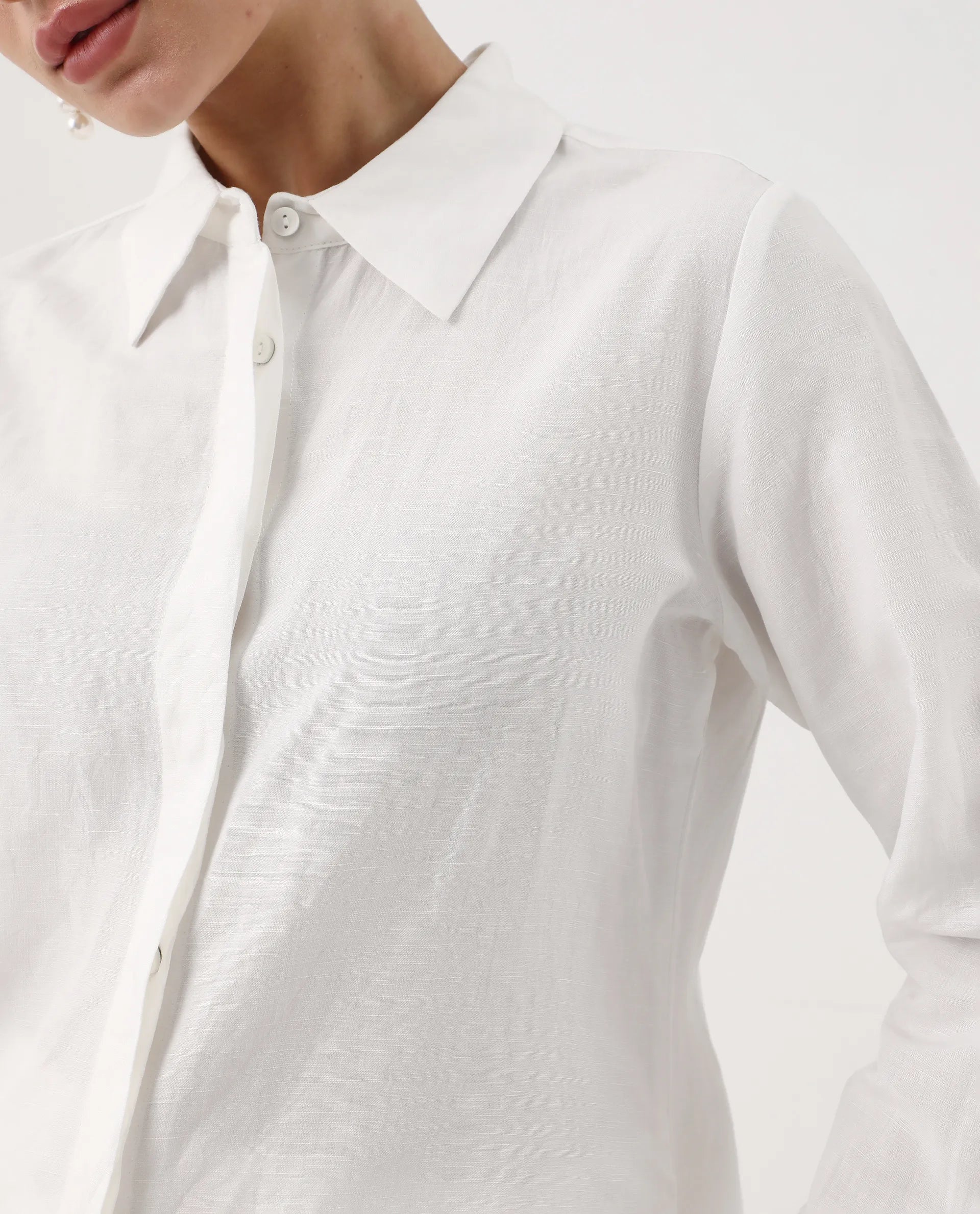 Rareism Women's Appleby White Linen Spread Collar Plain Cuffed Sleeve Regular Fit Shirt