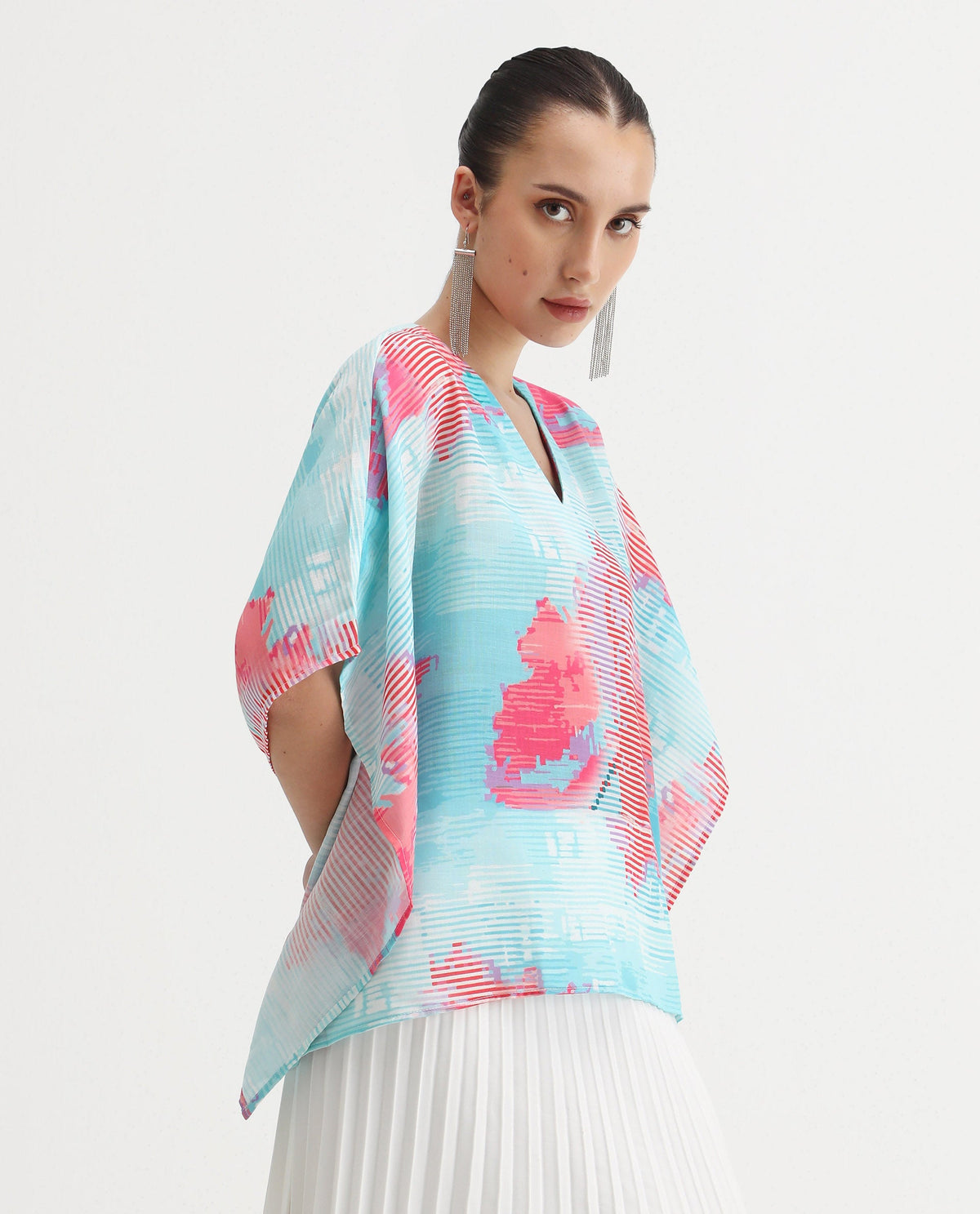 Rareism Women's Arial Light Linen V-Neck Abstract Print Kimono Sleeve Relaxed Fit Top