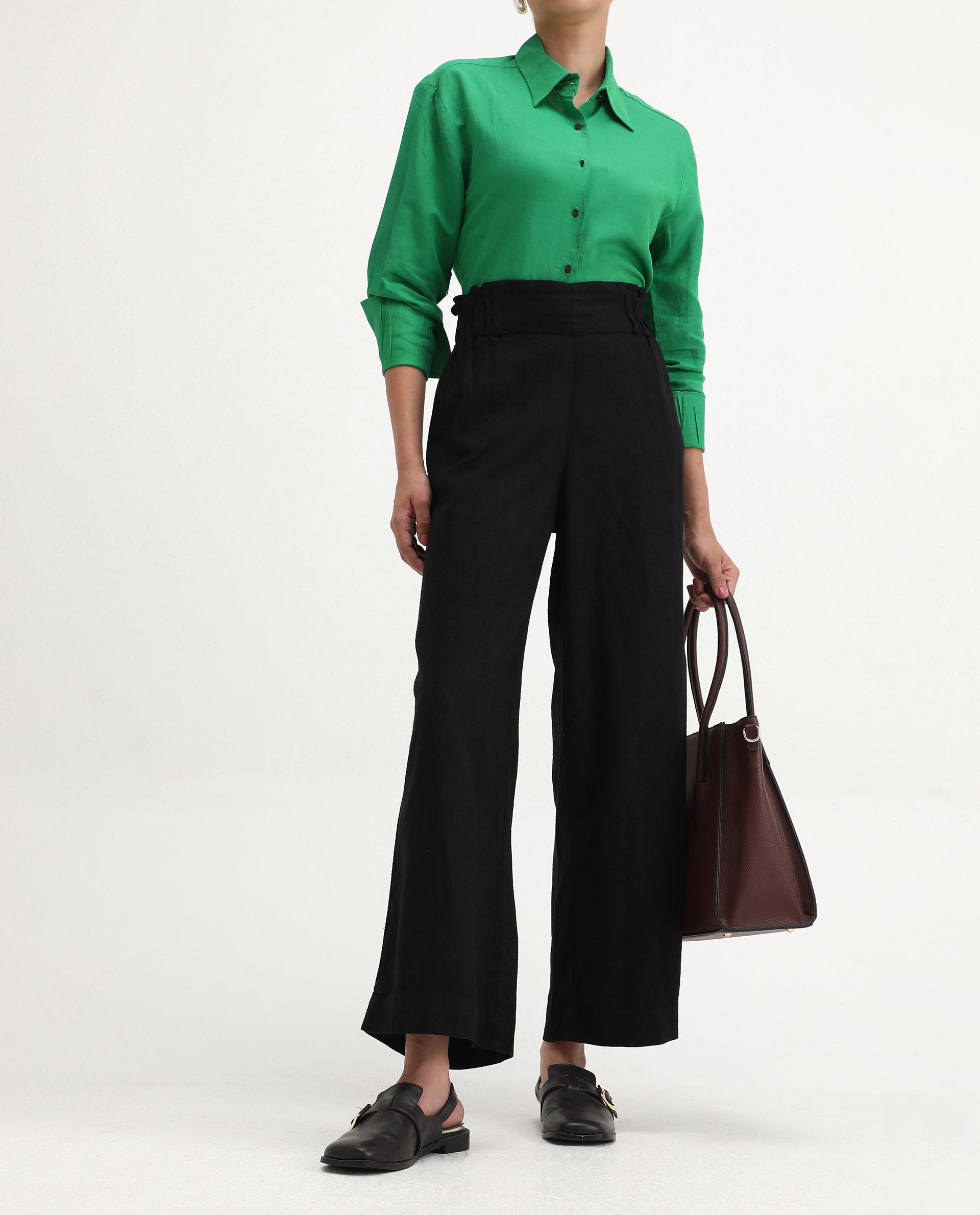 Rareism Women's Arid Black Cotton Blend Plain Ankle Length Wide Trouser