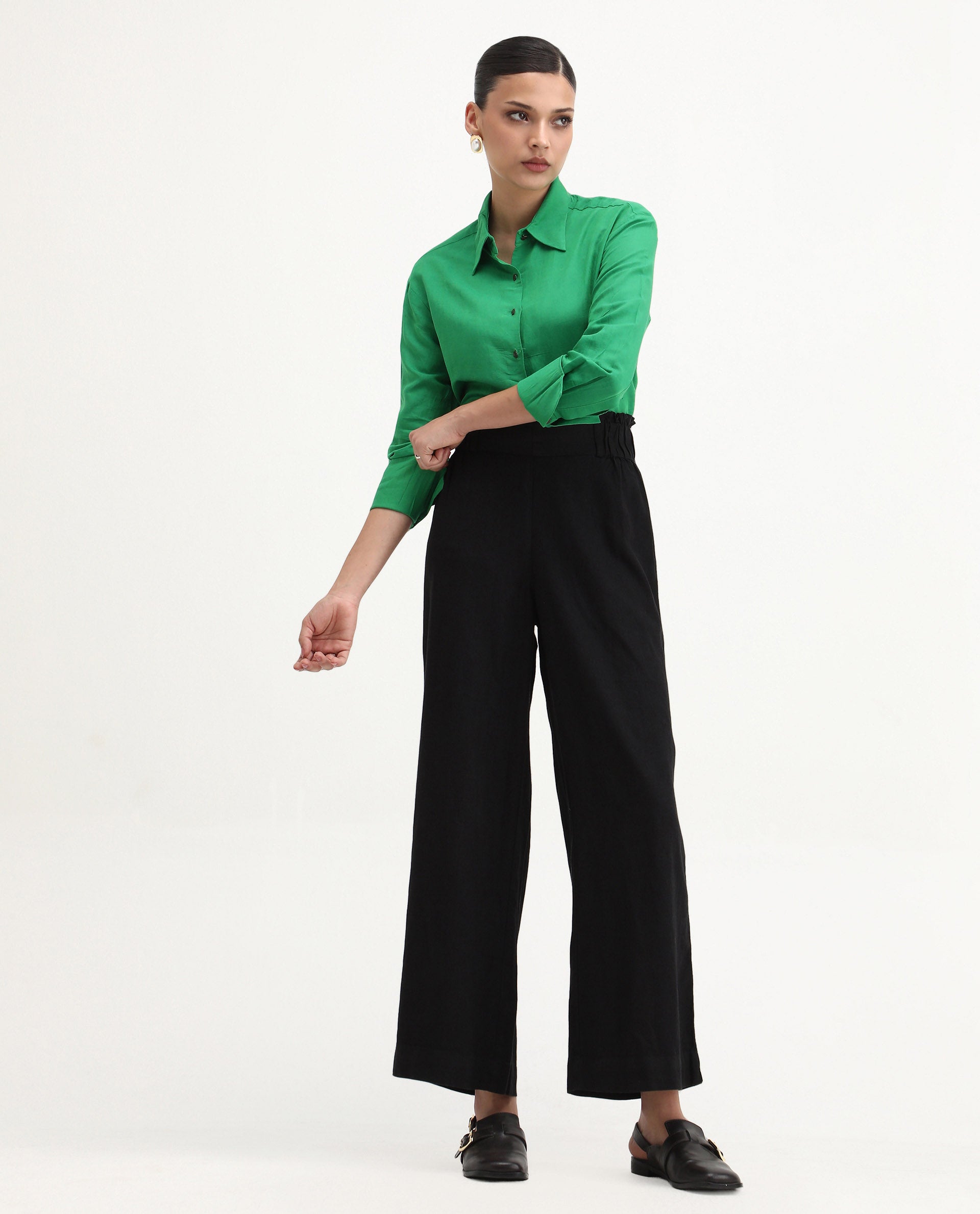 Rareism Women's Arid Black Cotton Blend Plain Ankle Length Wide Trouser
