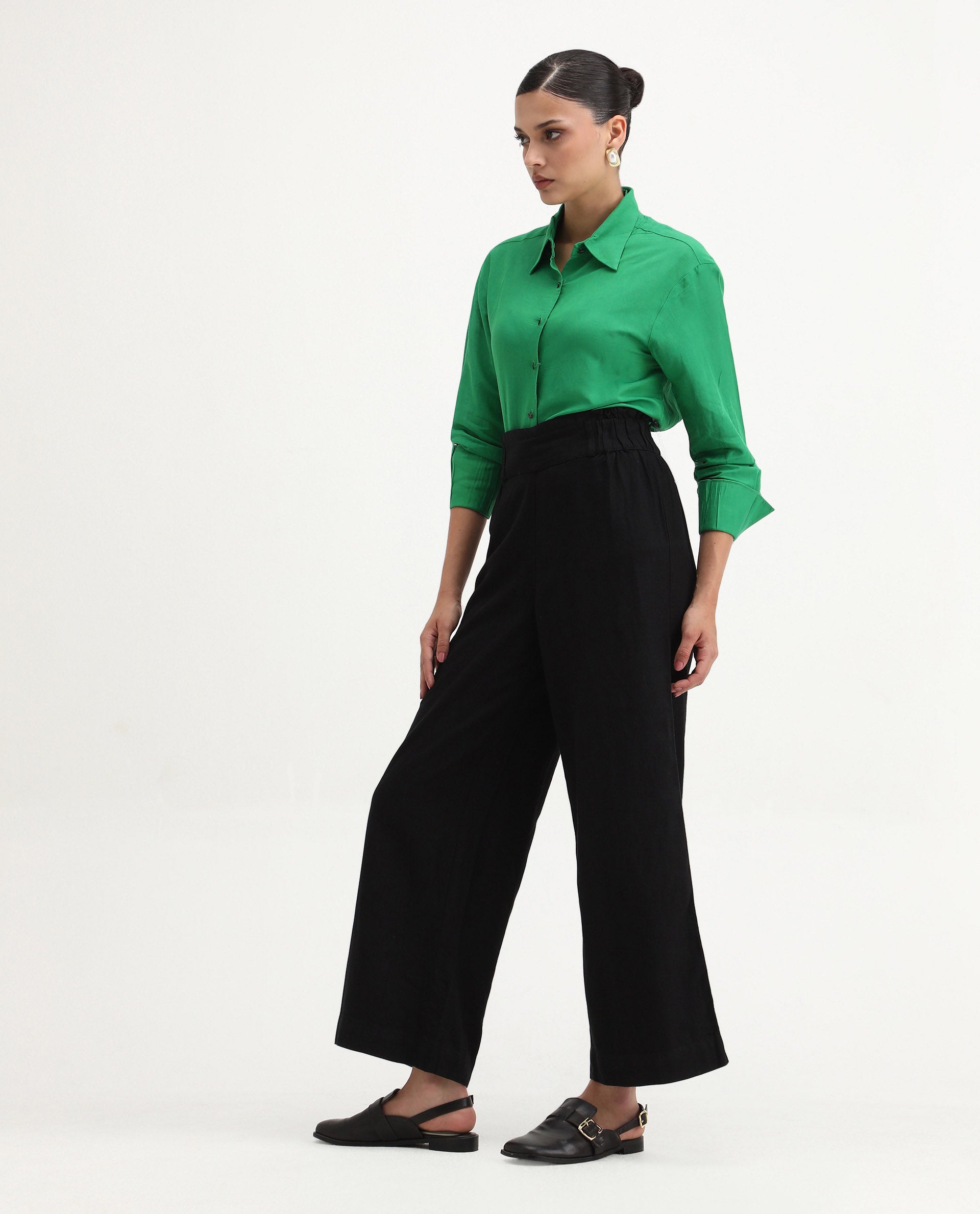 Rareism Women's Arid Black Cotton Blend Plain Ankle Length Wide Trouser