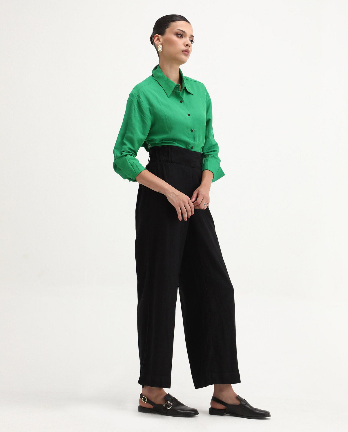 Rareism Women's Arid Black Linen Blend Plain Ankle Length Wide Trouser