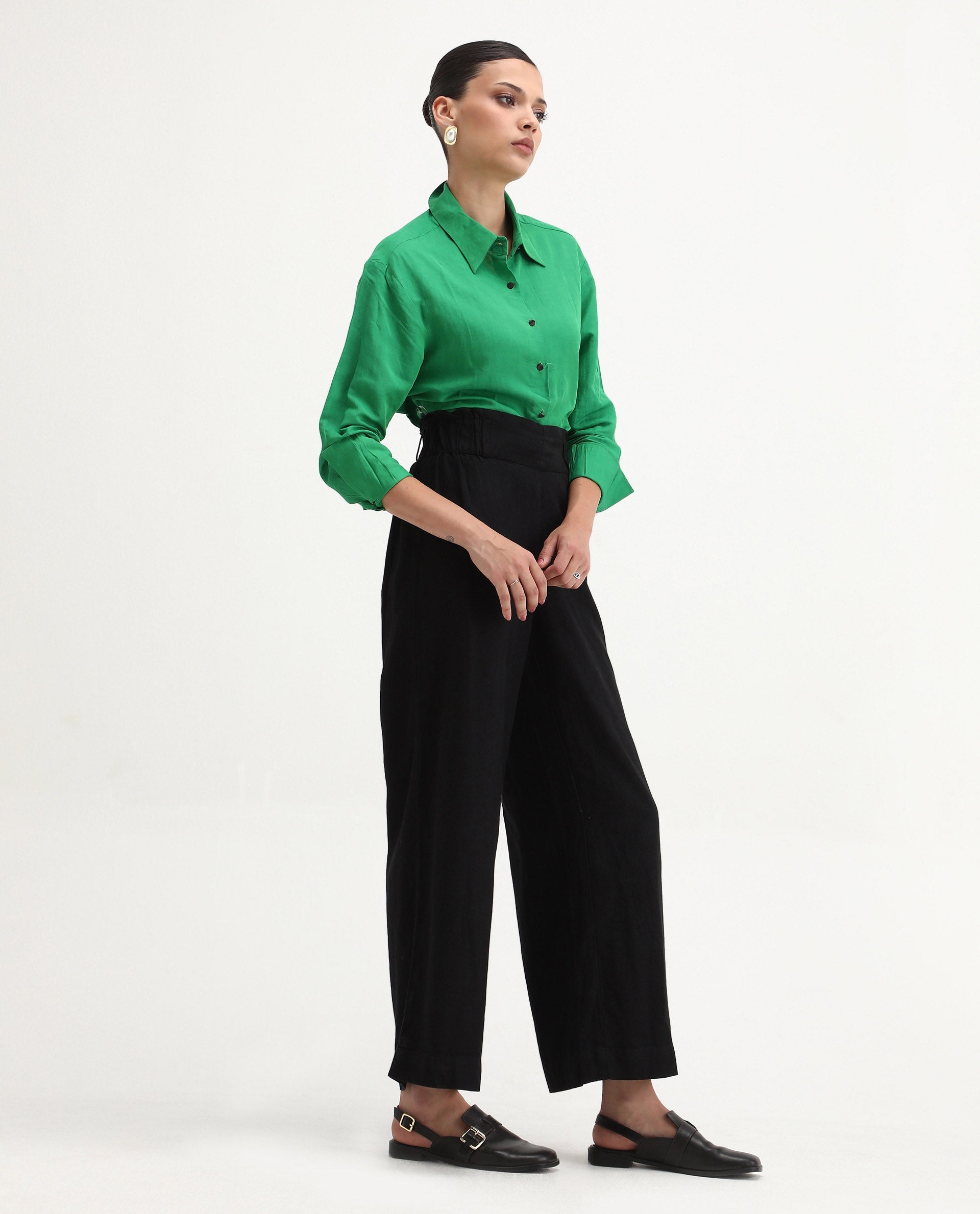Rareism Women's Arid Black Linen Blend Plain Ankle Length Wide Trouser