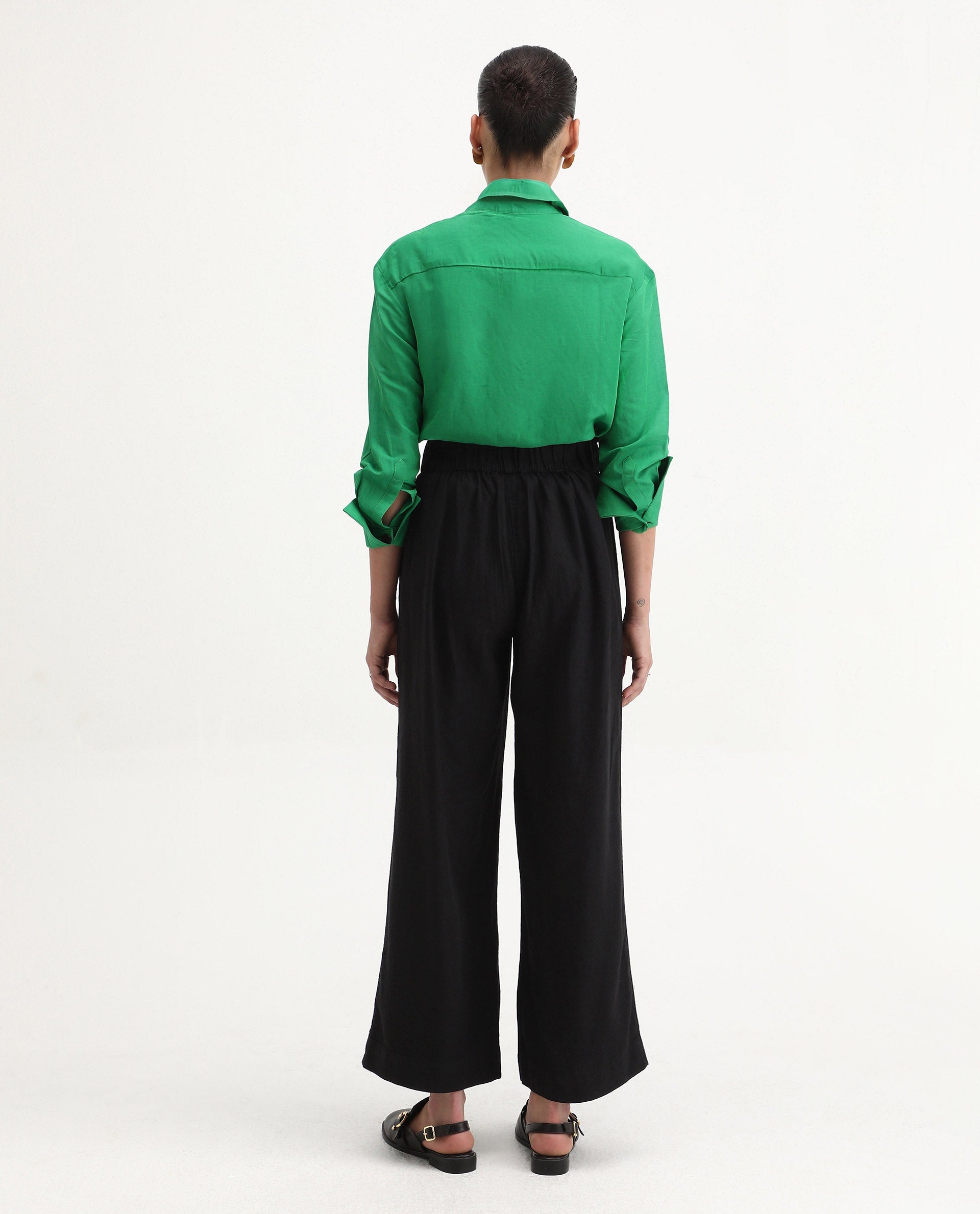 Rareism Women's Arid Black Cotton Blend Plain Ankle Length Wide Trouser