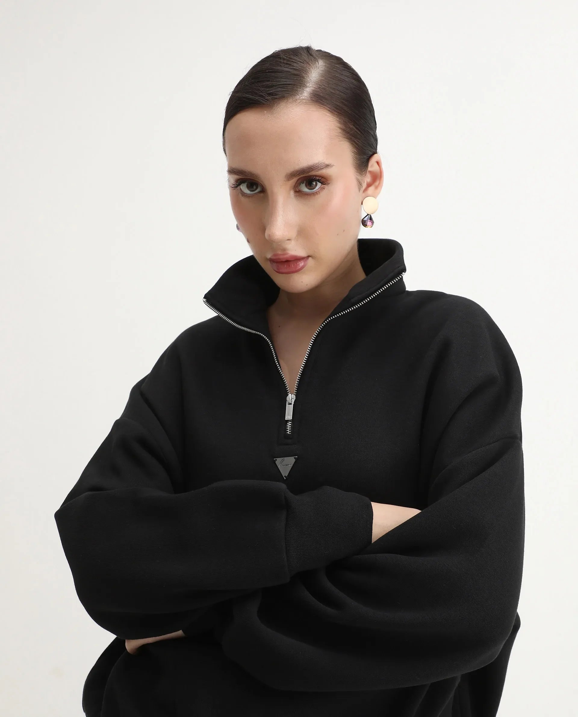 Rareism Women's Ario Black Cotton Blend Fabric Spread Collar Relaxed Fit Printed Sweatshirt