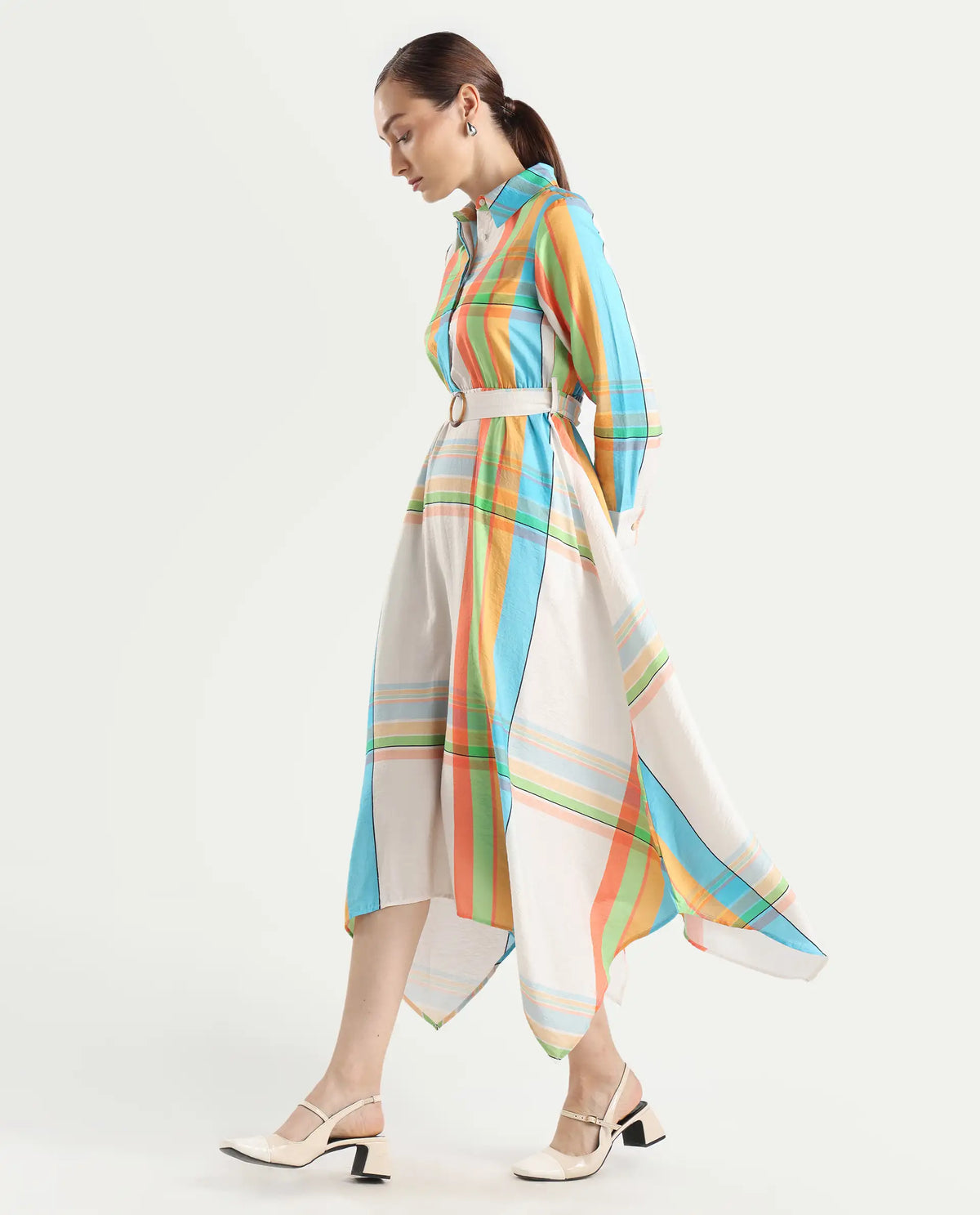 Rareism Women's Ariska Multi Cotton Blend Drop Collar Flannel Print Cuffed Sleeve Maxi Fit And Flare Dress