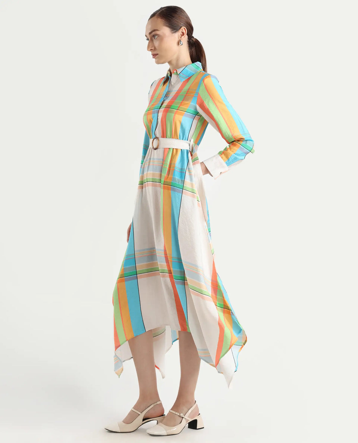 Rareism Women's Ariska Multi Cotton Blend Drop Collar Flannel Print Cuffed Sleeve Maxi Fit And Flare Dress