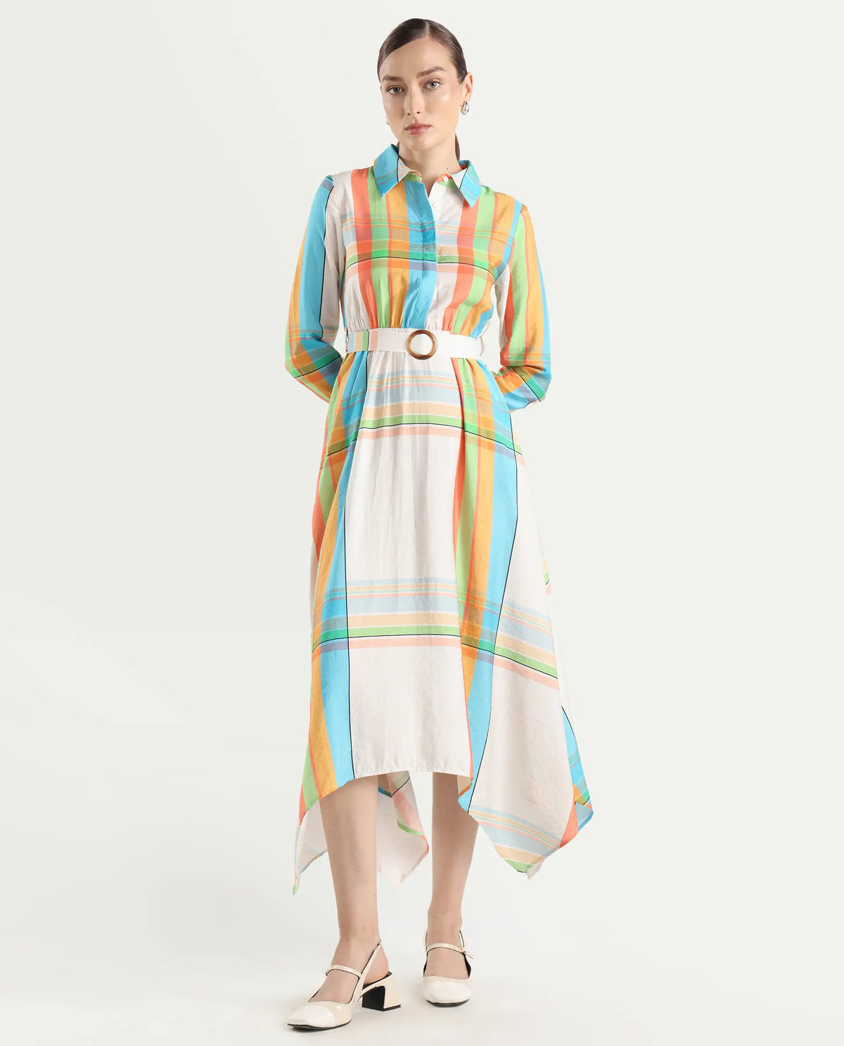 Rareism Women's Ariska Multi Cotton Blend Drop Collar Flannel Print Cuffed Sleeve Maxi Fit And Flare Dress