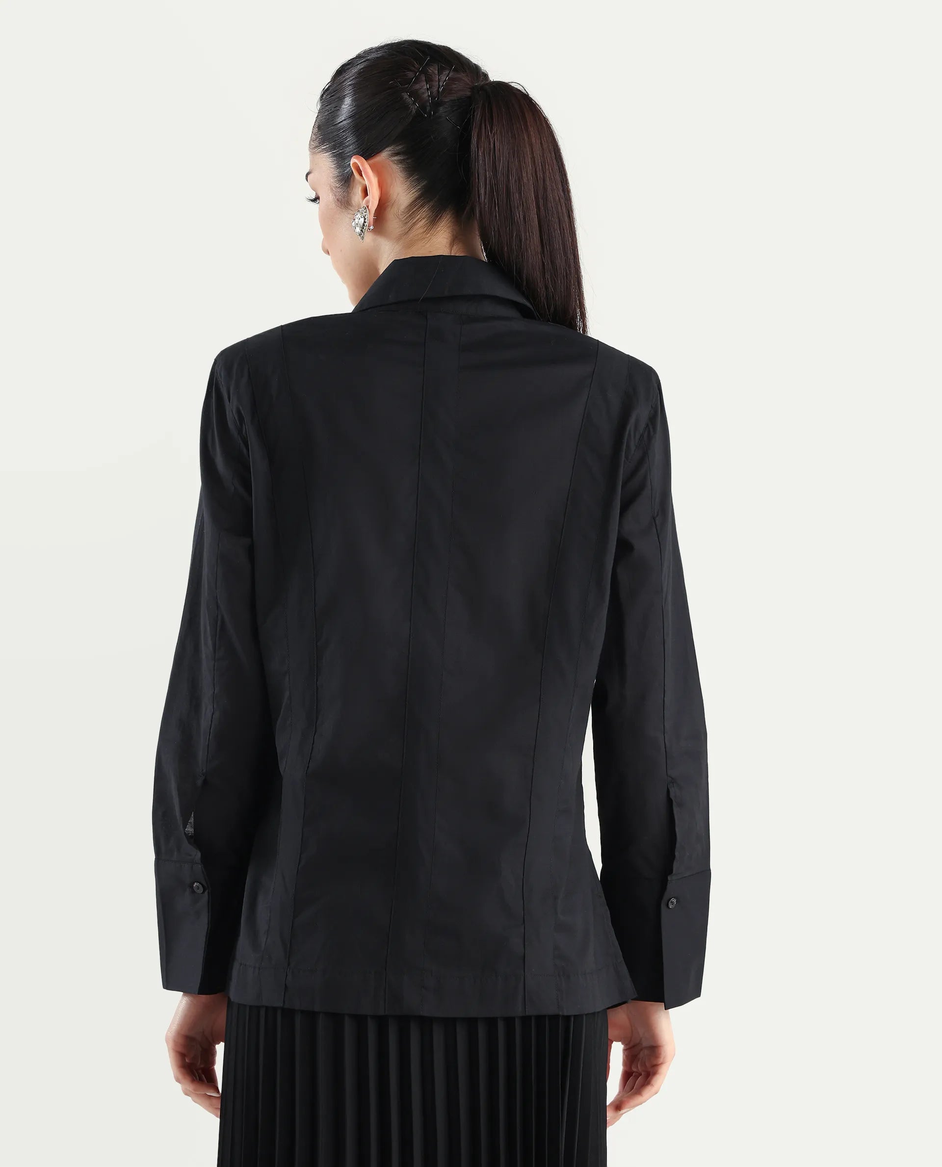 Rareism Women's Arthur Black Cotton Drop Collar Plain Cuffed Sleeve Regular Fit Shirt