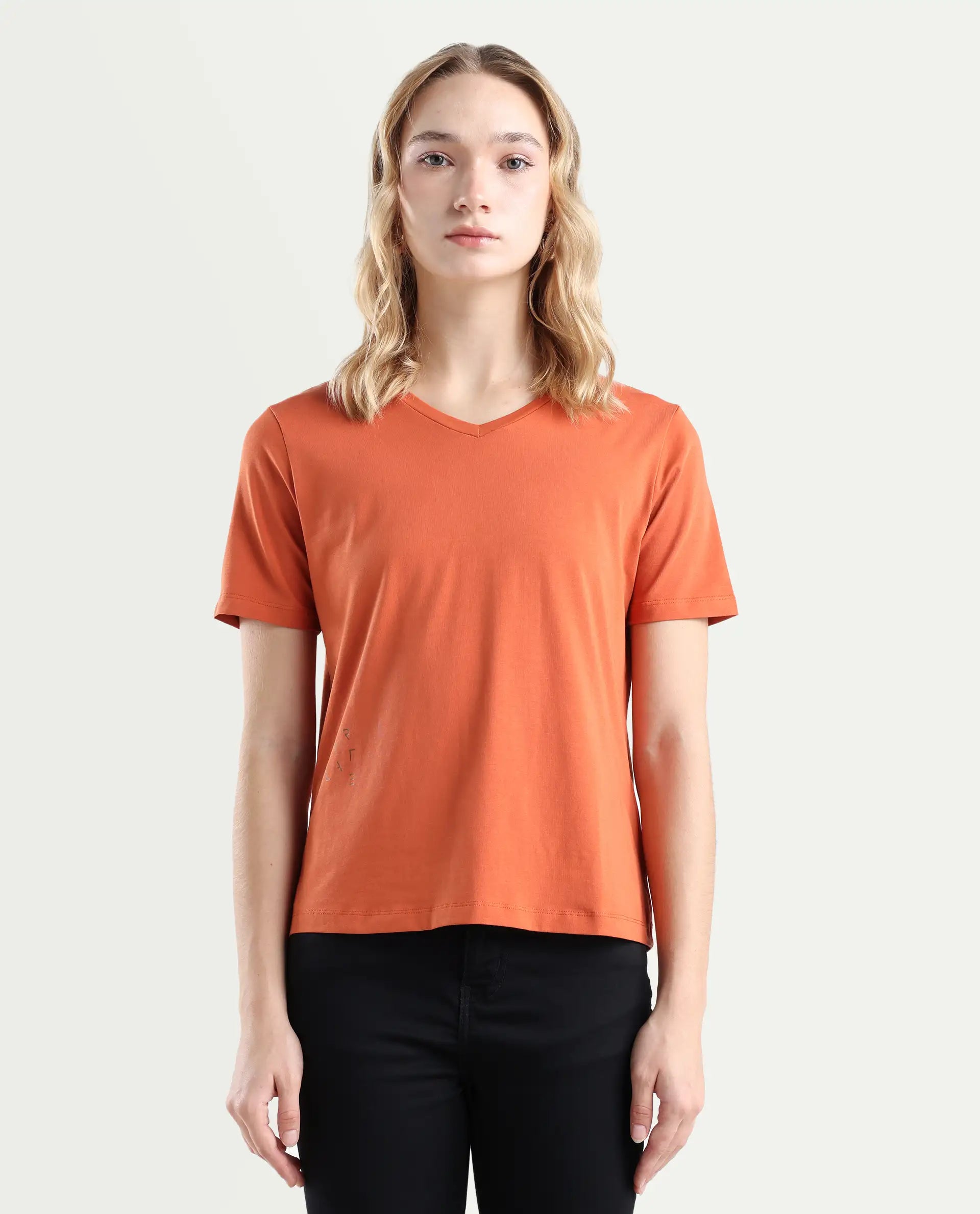 Rareism Women's Light Weight High Stretch 180 Gsm Cotton V-Neck Plain Relaxed Fit T-Shirt