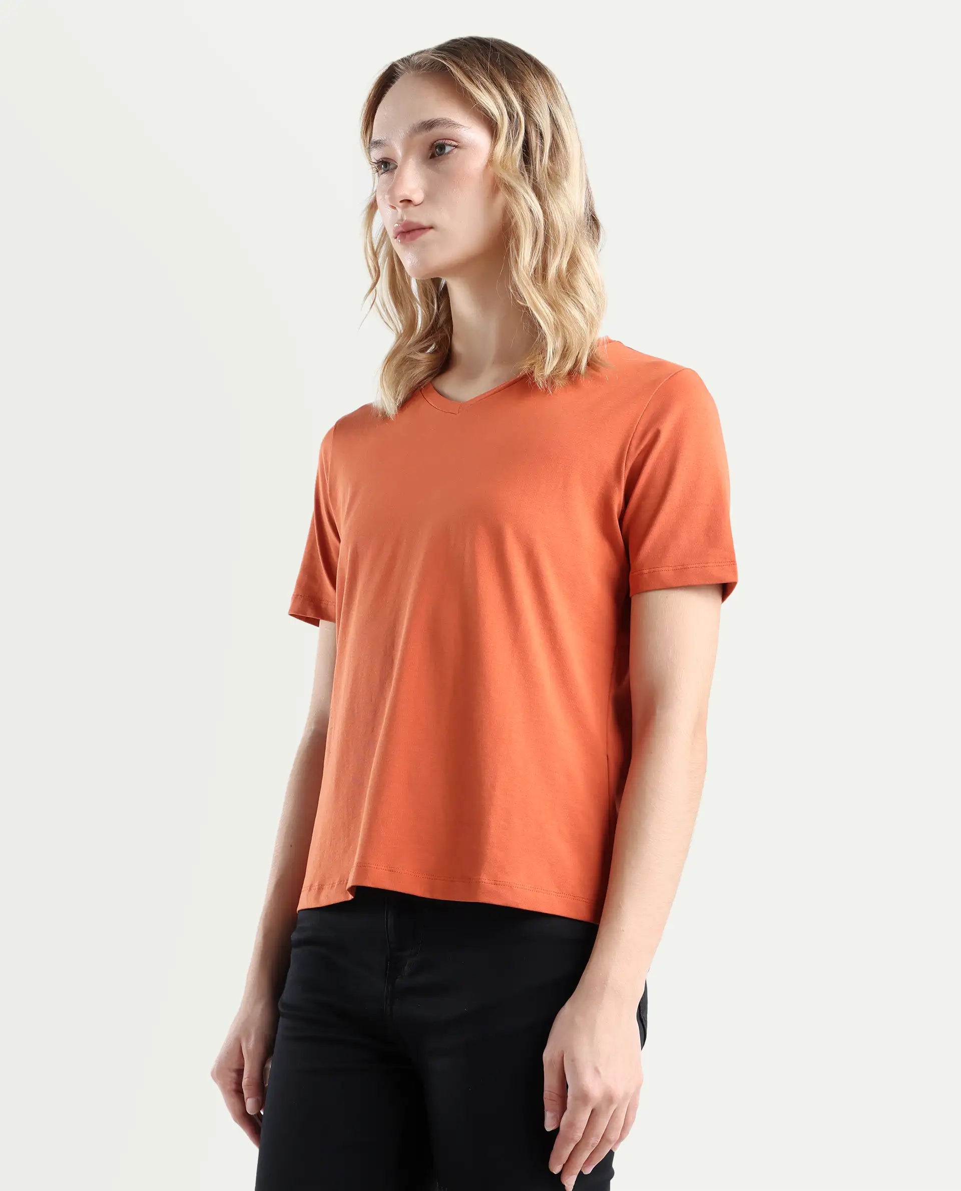 Rareism Women's Light Weight High Stretch 180 Gsm Cotton V-Neck Plain Relaxed Fit T-Shirt