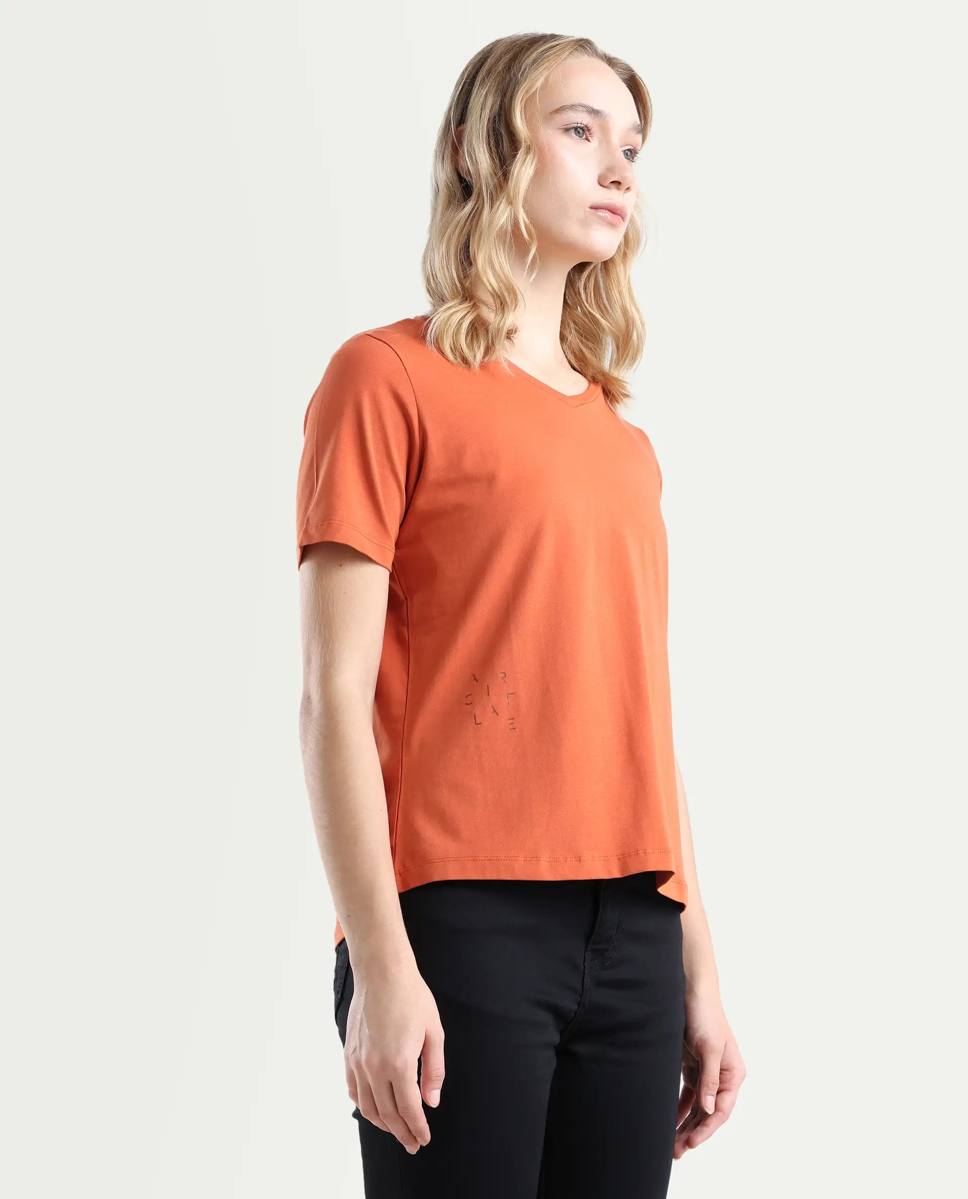 Rareism Women's Light Weight High Stretch 180 Gsm Cotton V-Neck Plain Relaxed Fit T-Shirt