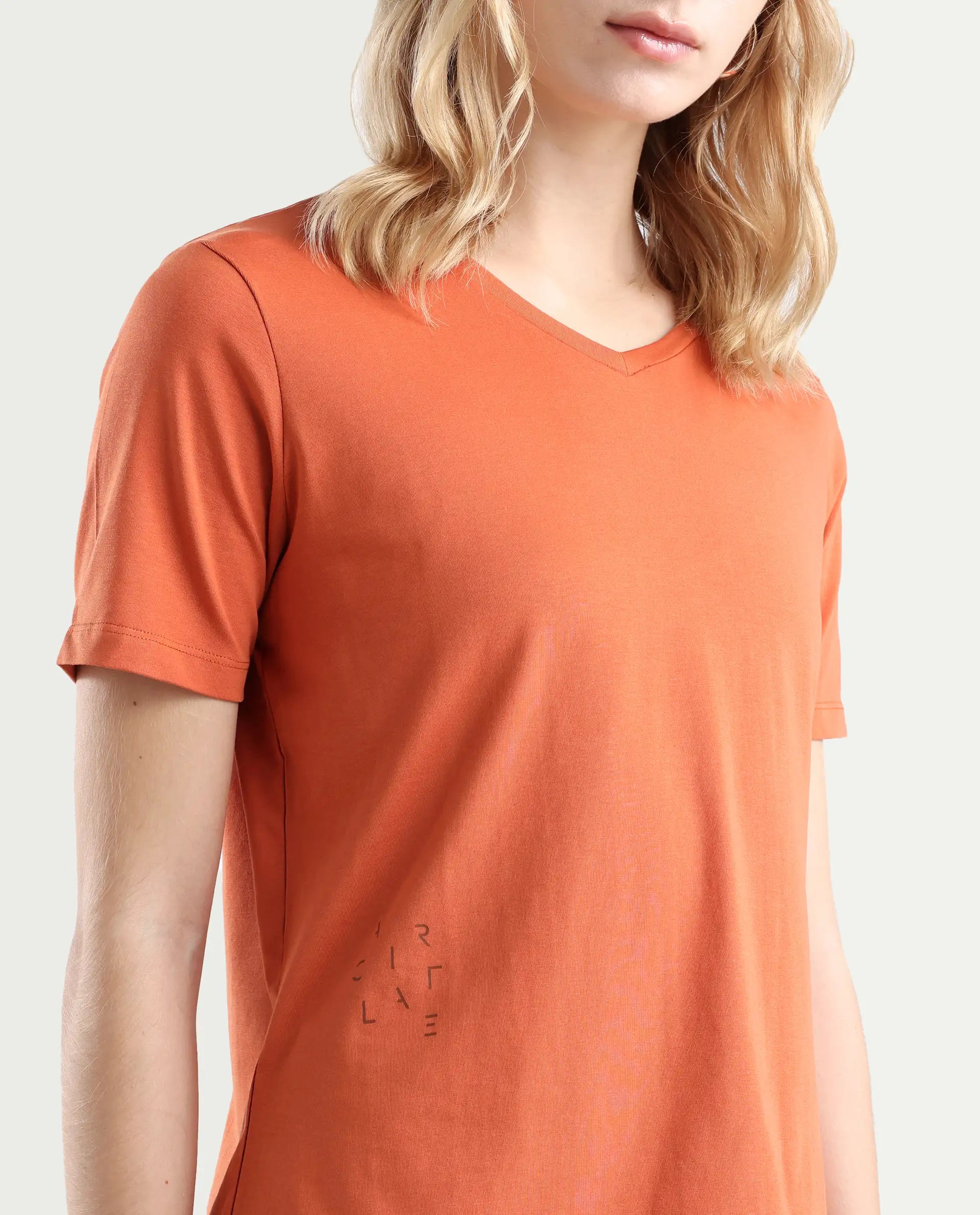 Rareism Women's Light Weight High Stretch 180 Gsm Cotton V-Neck Plain Relaxed Fit T-Shirt