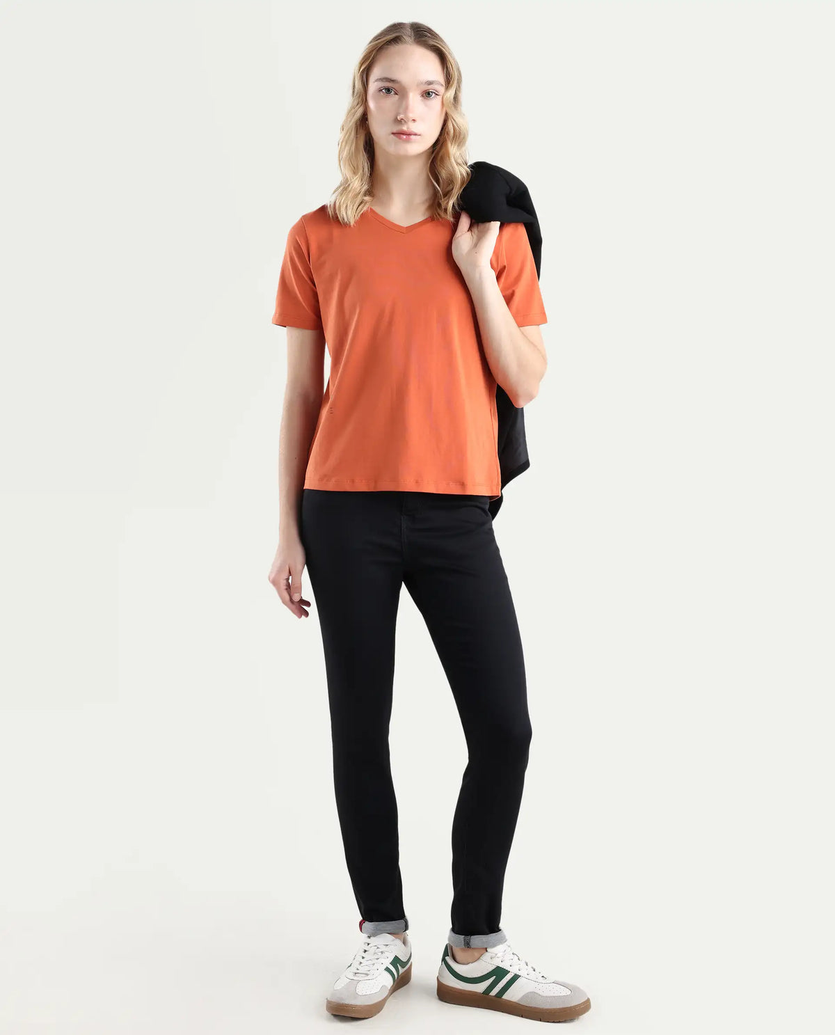 Rareism Women's Light Weight High Stretch 180 Gsm Cotton V-Neck Plain Relaxed Fit T-Shirt