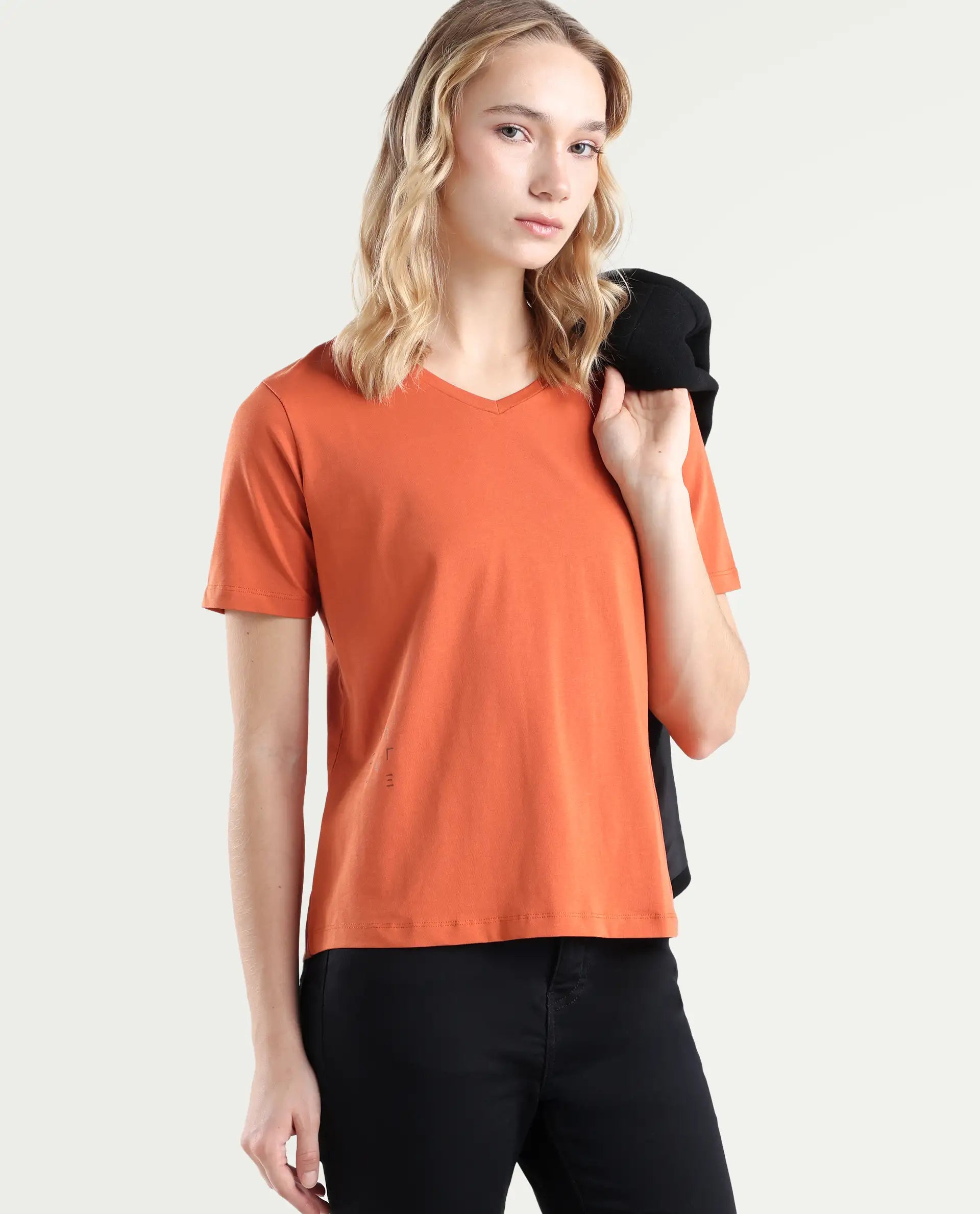 Rareism Women's Light Weight High Stretch 180 Gsm Cotton V-Neck Plain Relaxed Fit T-Shirt