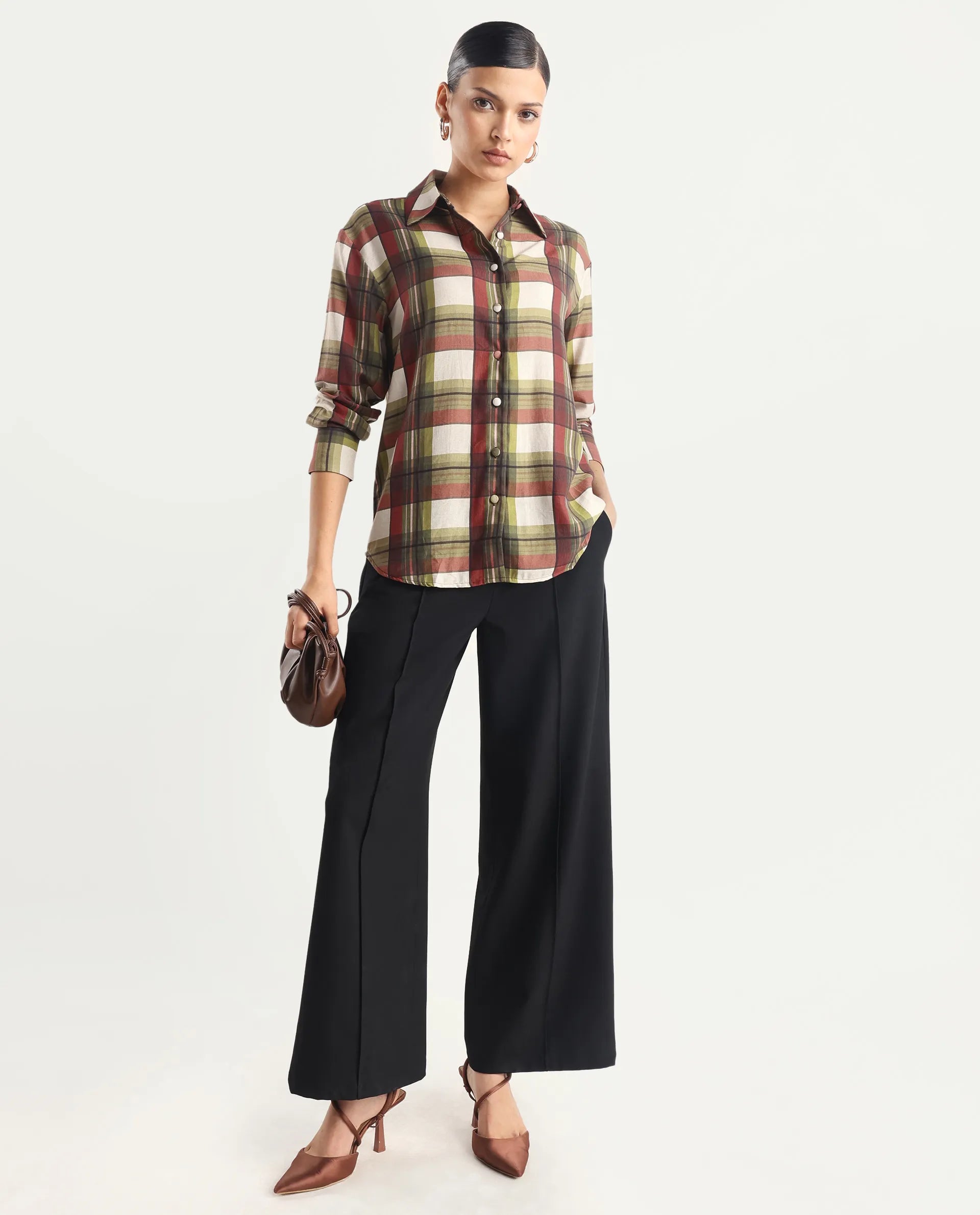 Rareism Women's Atoil Multi Viscose Blend Drop Collar Flannel Print Cuffed Sleeve Regular Fit Shirt