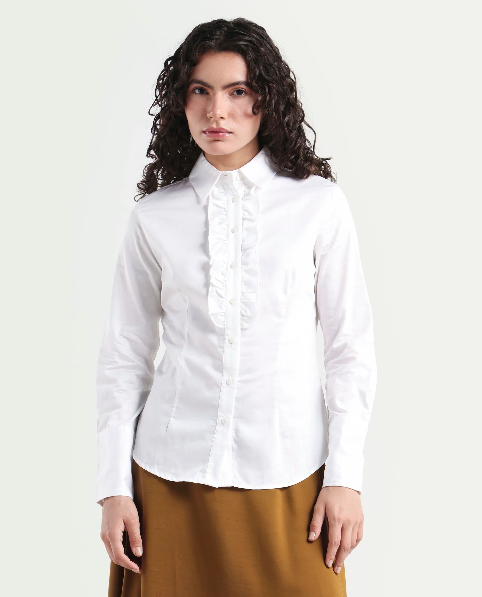 Rareism Women's Aubrey White Cotton Spread Collar Plain Regular Fit Top