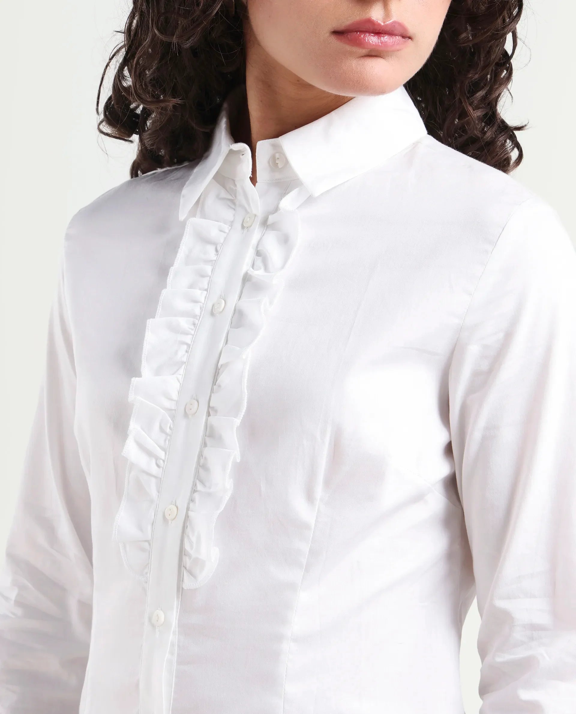 Rareism Women's Aubrey White Cotton Spread Collar Plain Regular Fit Top