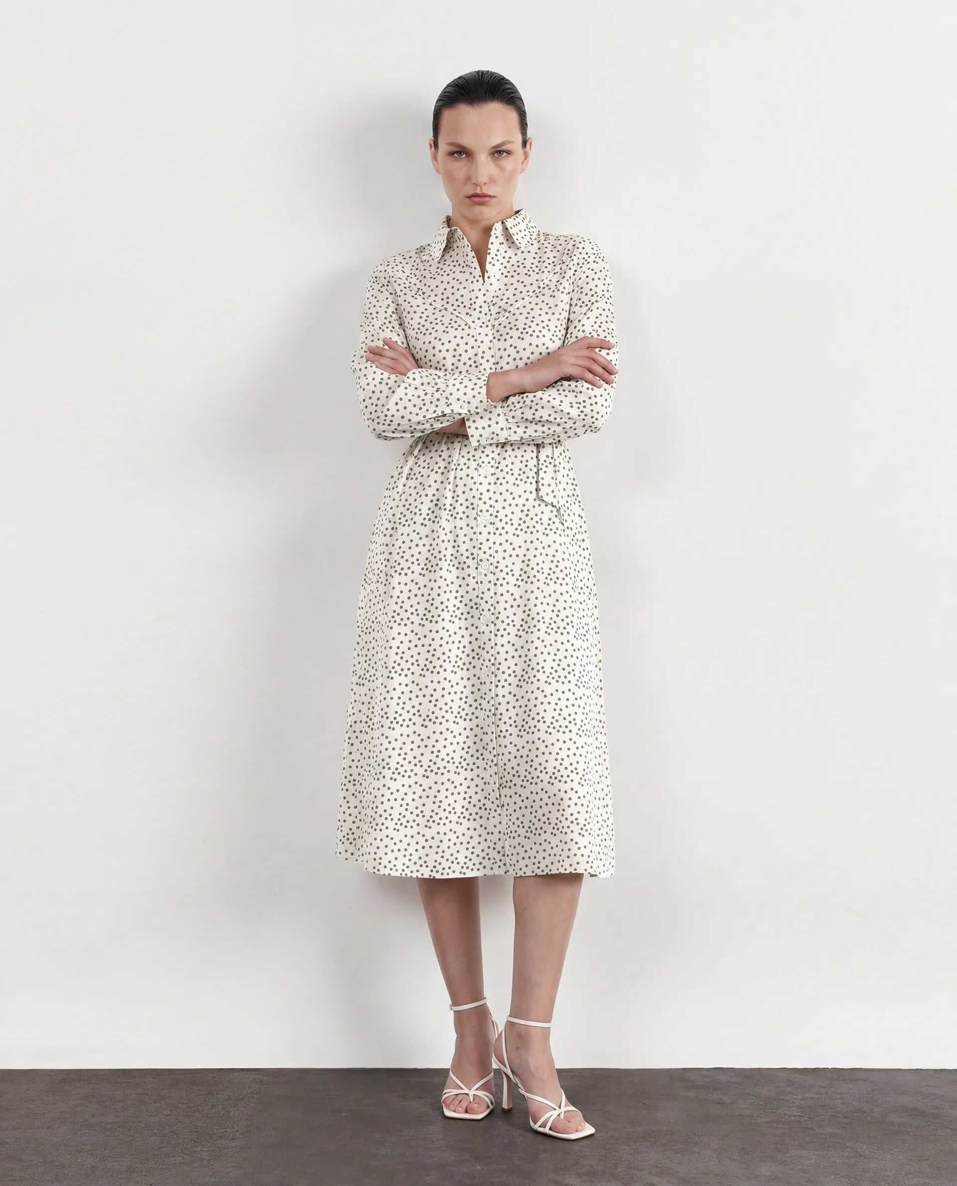 Rareism Women's Avac Off White Cotton Full Sleeve A-Line Polka Print Dress