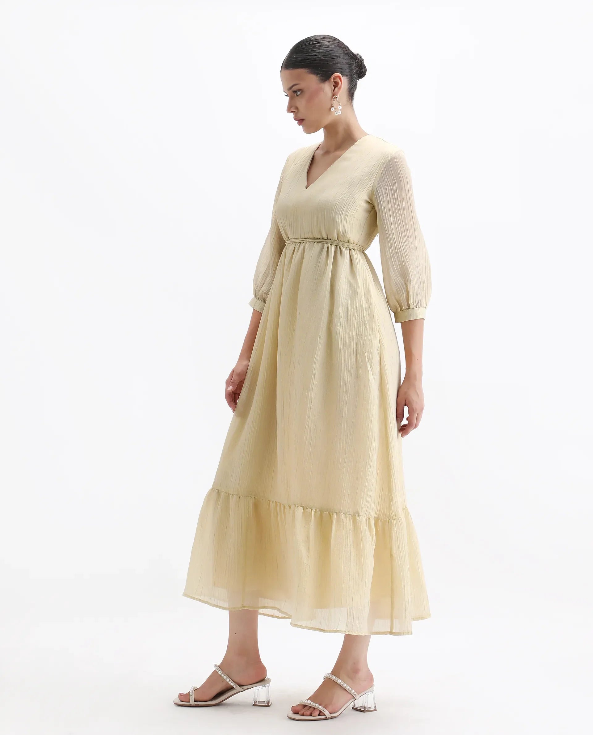 Rareism Women's Avico Gold Viscose V-Neck Fit And Flare Plain Dress