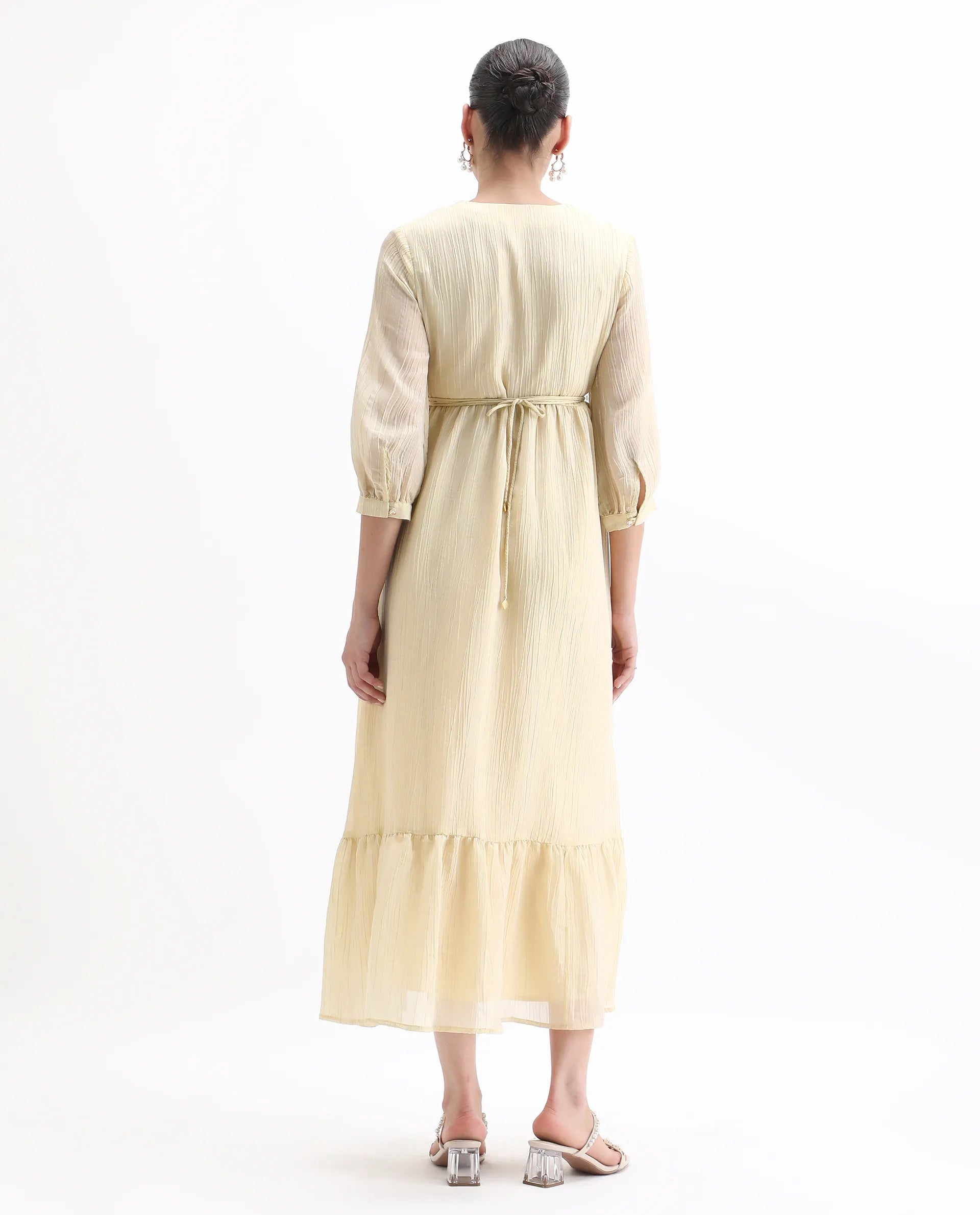 Rareism Women's Avico Gold Viscose V-Neck Fit And Flare Plain Dress