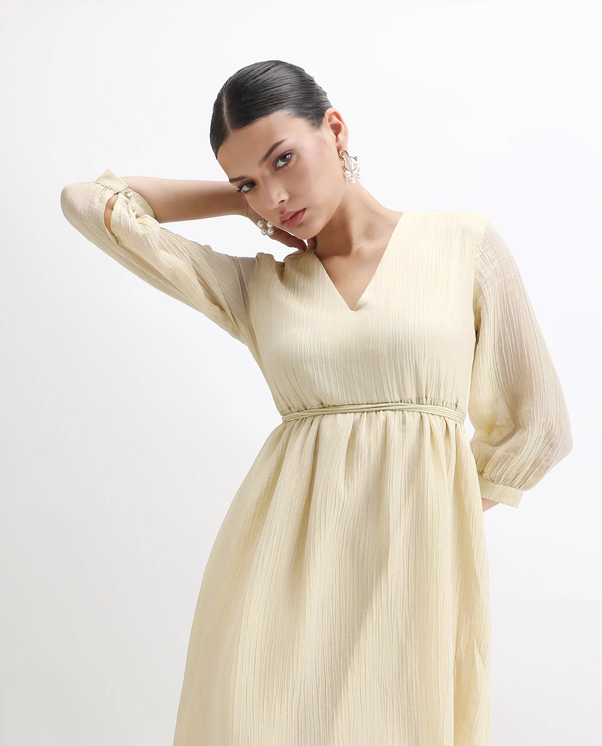 Rareism Women's Avico Gold Viscose V-Neck Fit And Flare Plain Dress