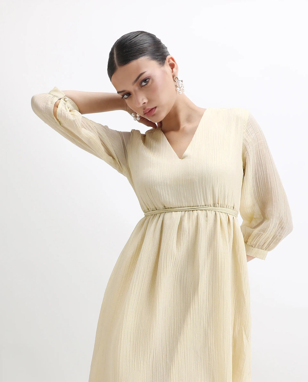 Rareism Women's Avico Gold Viscose V-Neck Fit And Flare Plain Dress