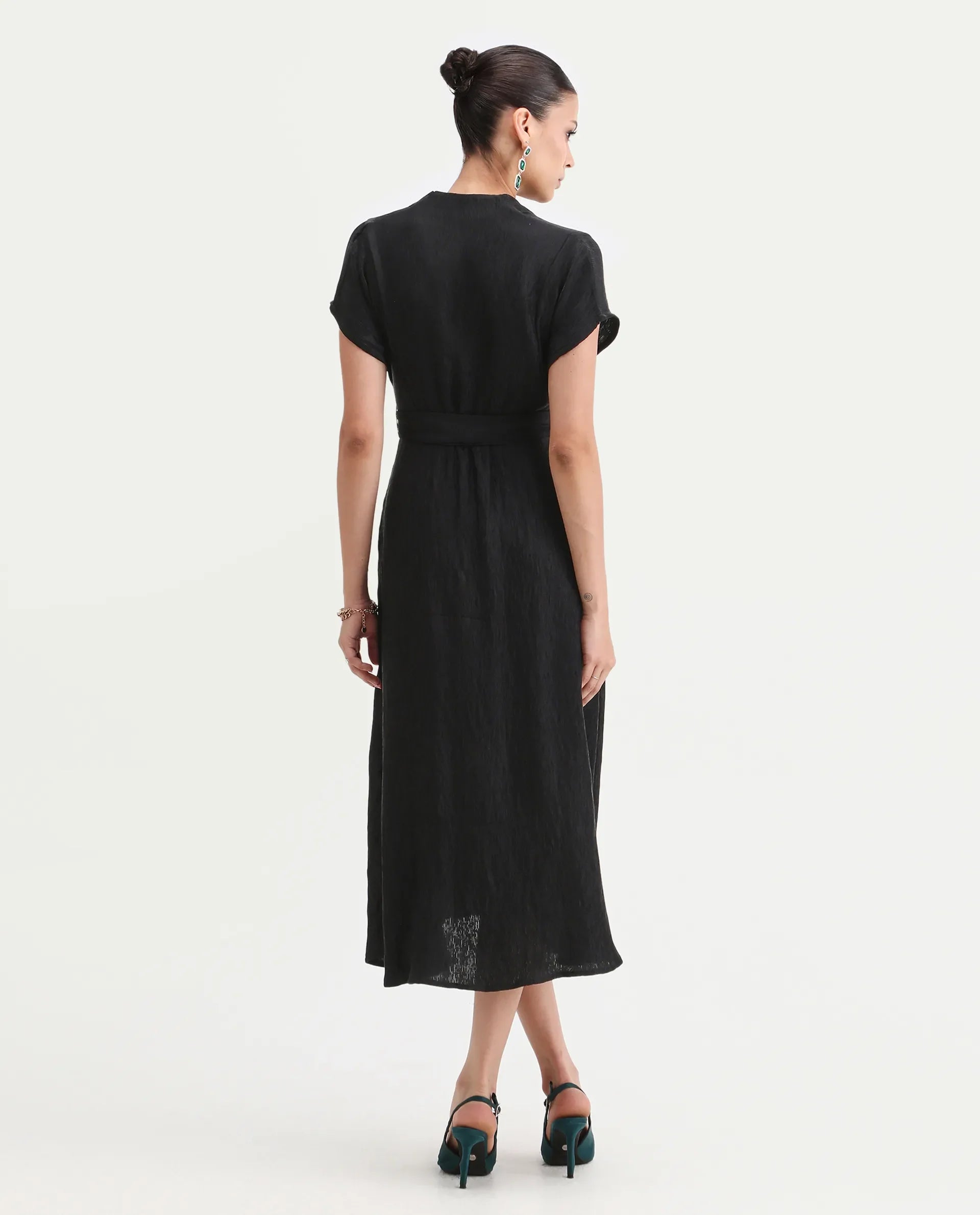 Rareism Women's Aviha Black Nylon Blend V-Neck Flared Plain Dress