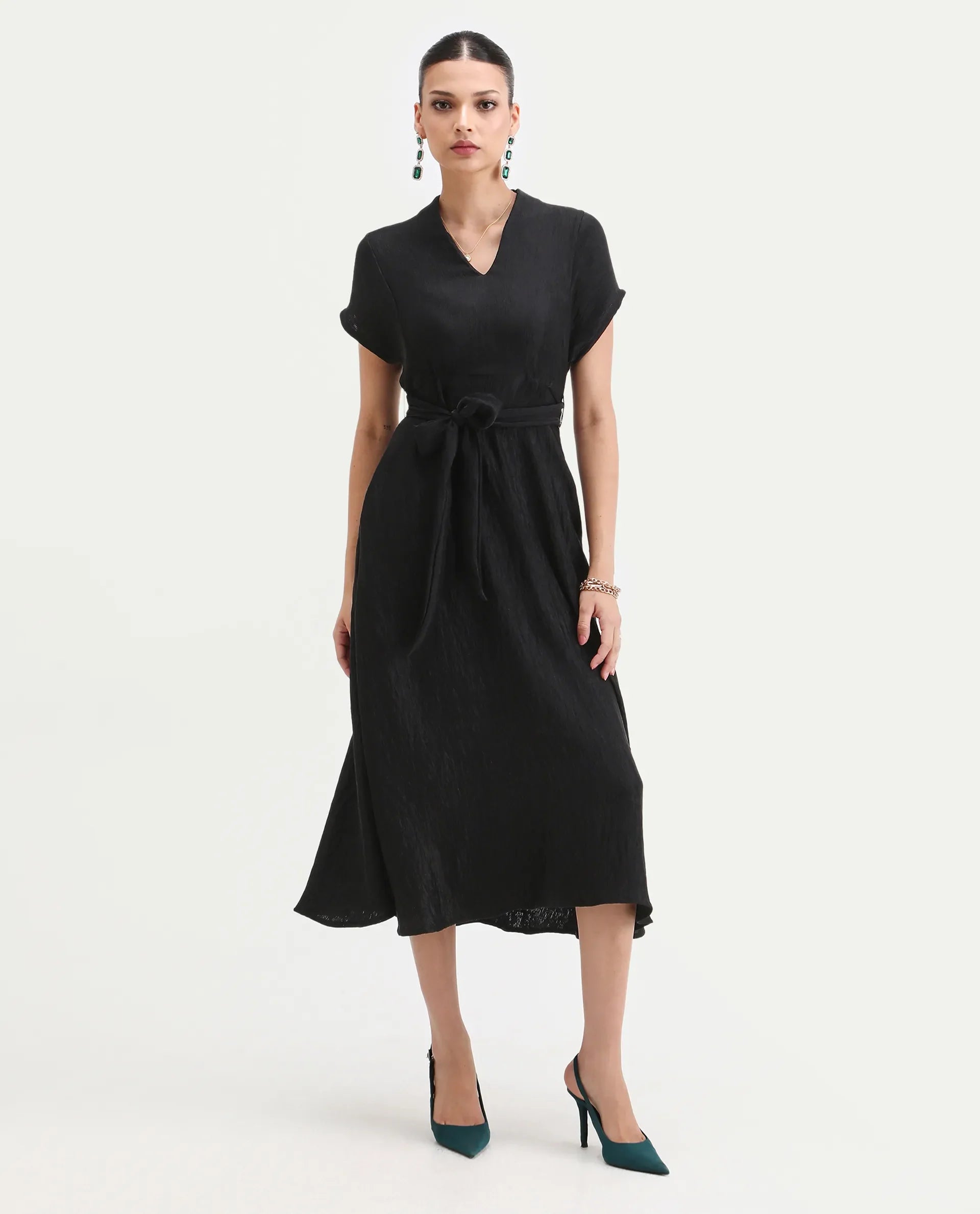 Rareism Women's Aviha Black Nylon Blend V-Neck Flared Plain Dress